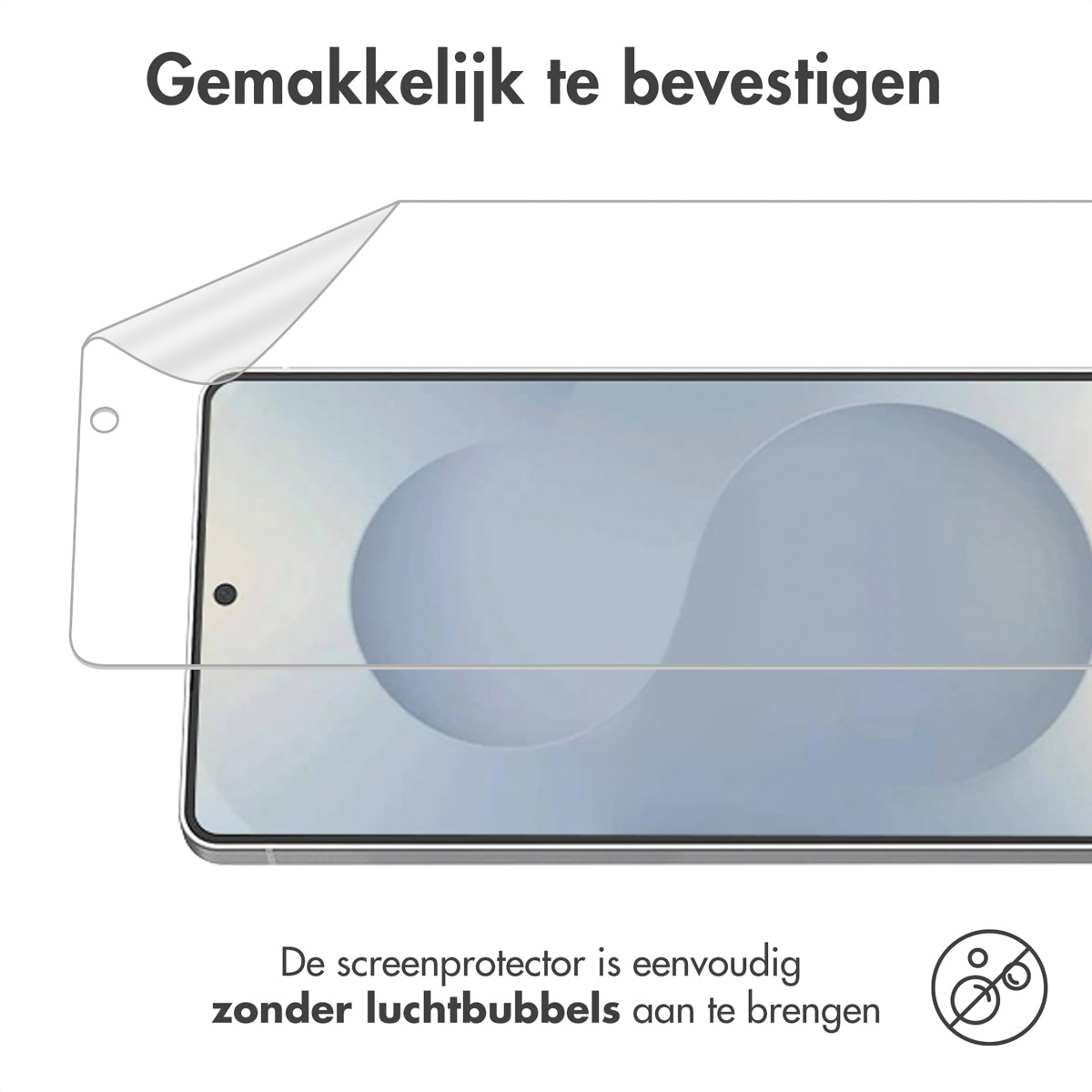 Un protecteur d'écran est appliqué sur un téléphone. Le texte dit : Facile à installer sans bulles d'air.