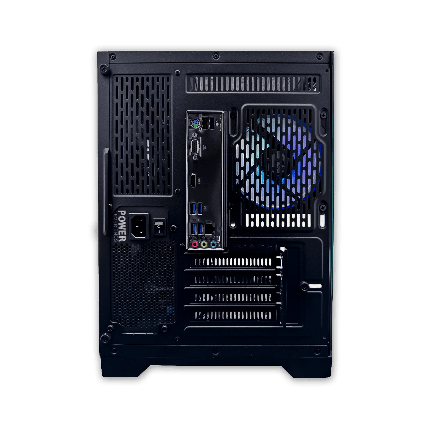 Schwarze PC-Rückseite, Lüfter, Anschlüsse, Stromeingang und Lüftungsöffnungen.