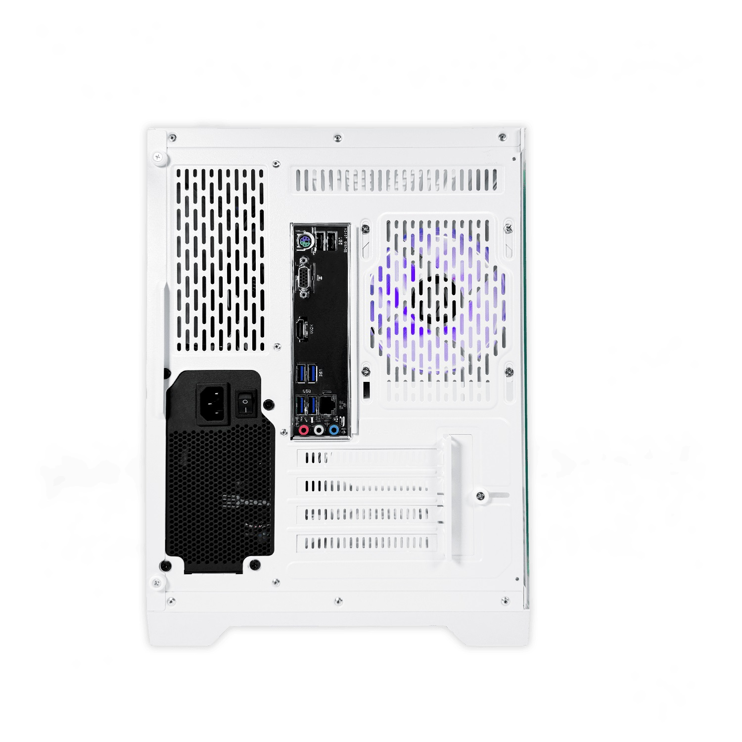 Biały tył obudowy PC, porty, wejście zasilania i otwory wentylacyjne.