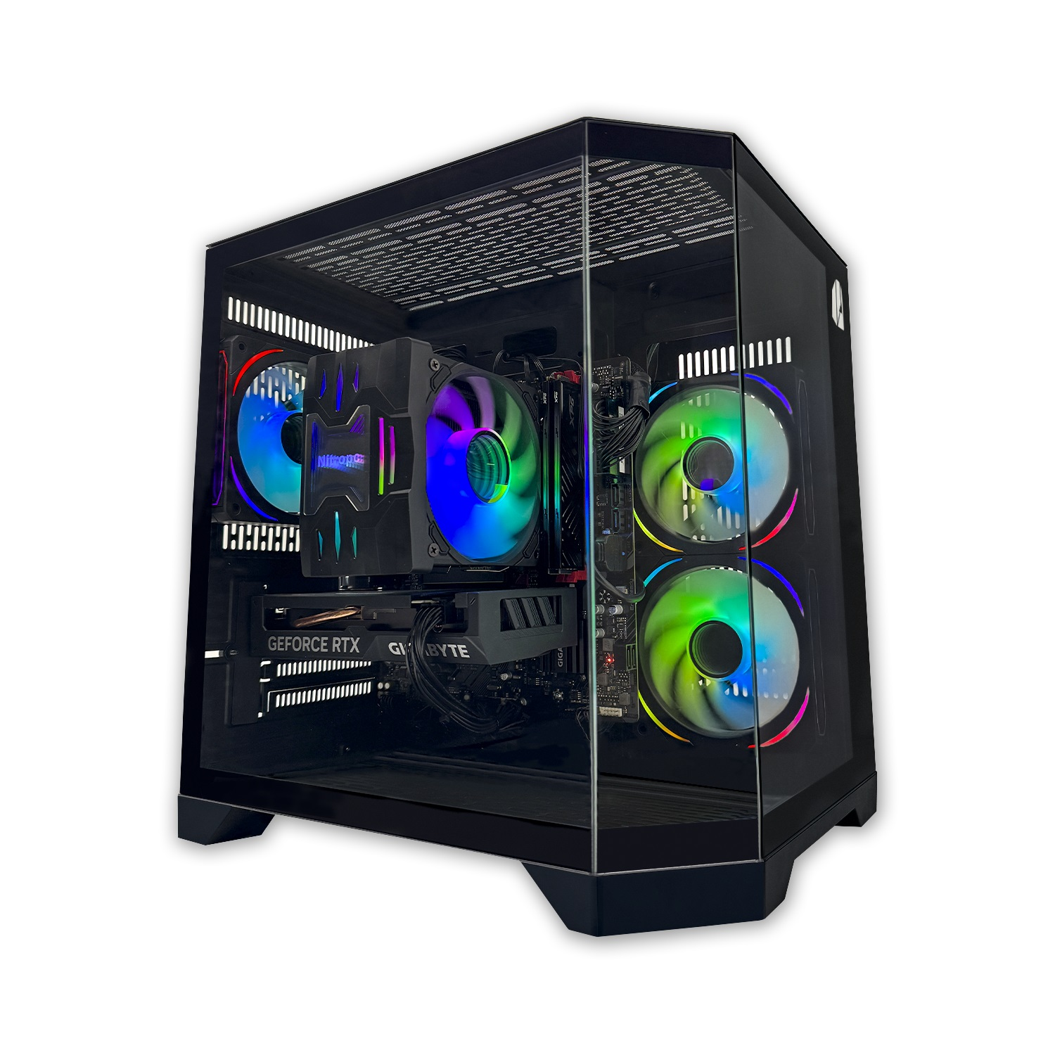 Schwarzes PC-Gehäuse, transparente Seitenwand, interne Komponenten mit bunten LED-Lüftern.