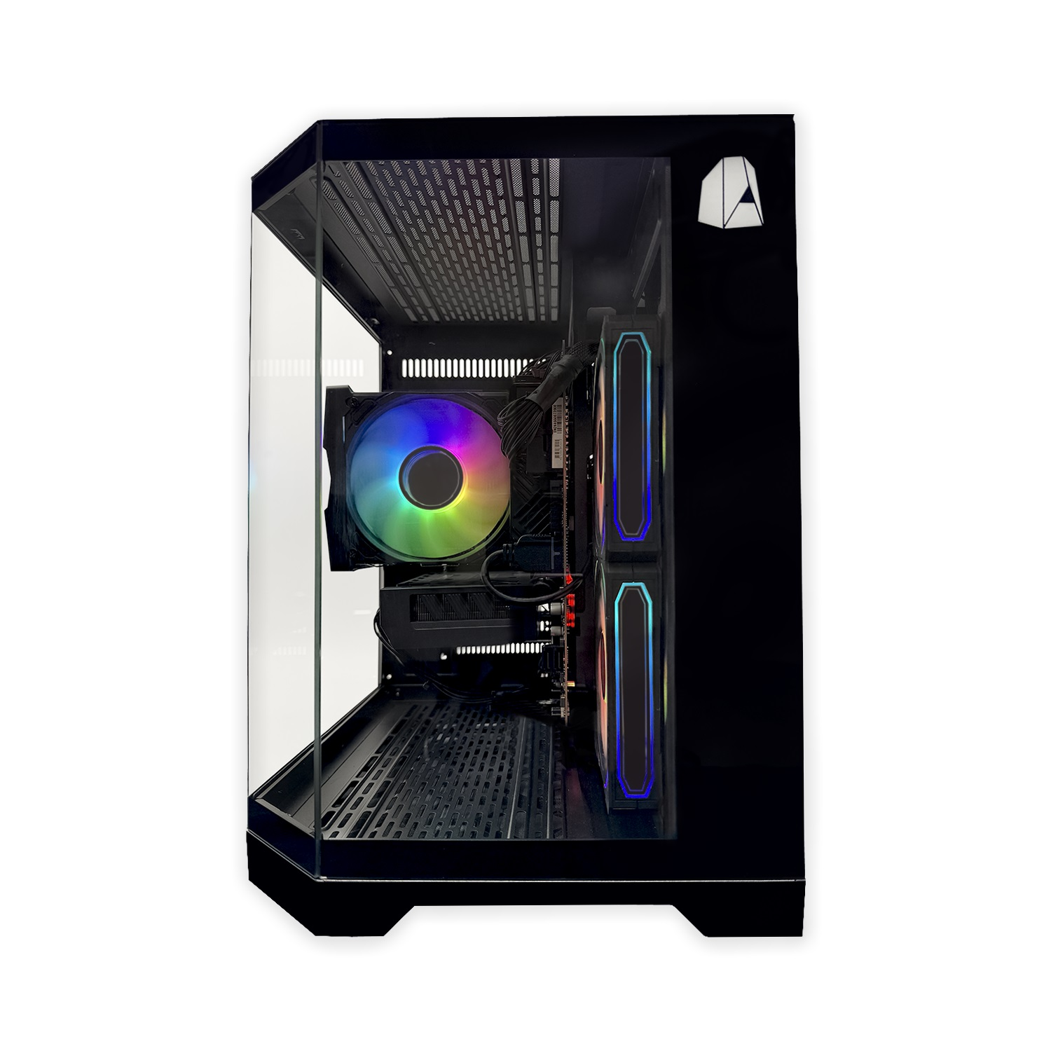 Schwarzes PC-Gehäuse, transparente Seitenwand, interne Komponenten mit RGB-Lüfter.