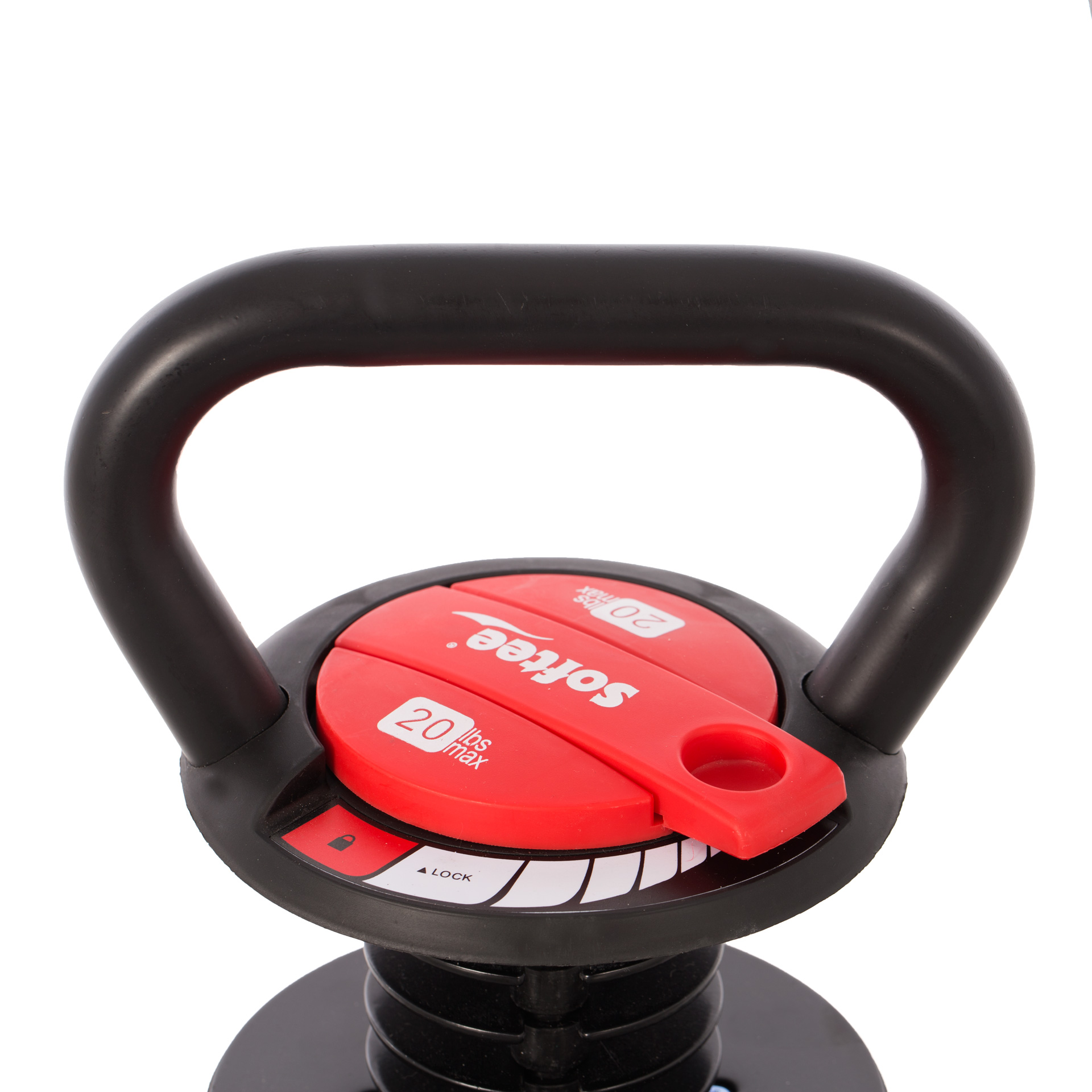Kettlebell ajustable rojo y negro, con texto '20 lbs'.