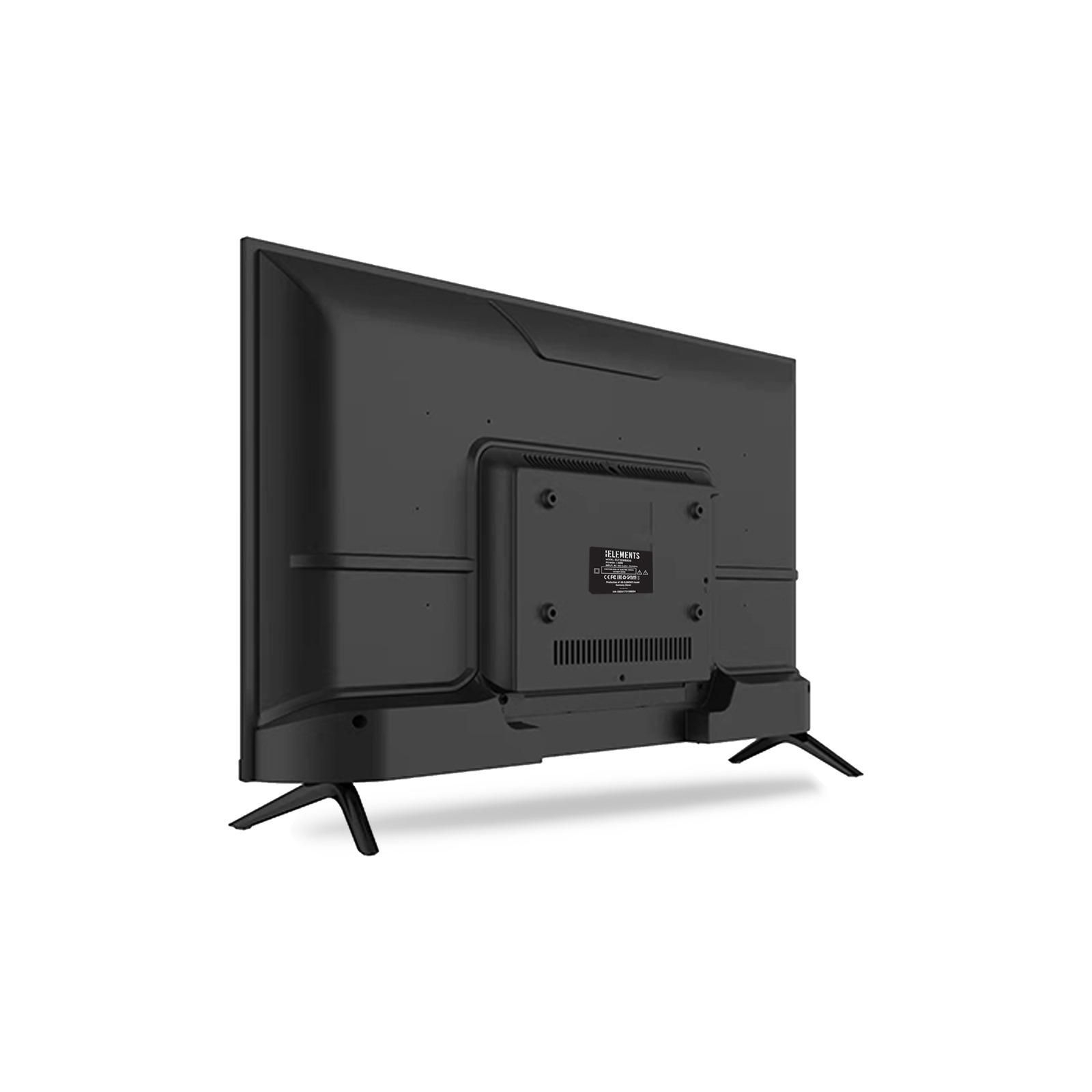 Schwarzer Elements-Fernseher, Rückansicht mit Ständer. Schwarze Rückseite und Beine. Weißer Hintergrund.