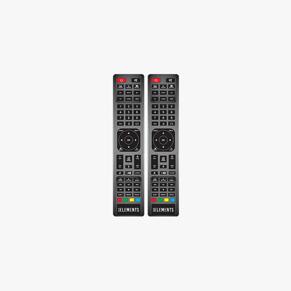 Zwei schwarze Elements TV-Fernbedienungen. Schwarze Knöpfe und weißer Text. Weißer Hintergrund.