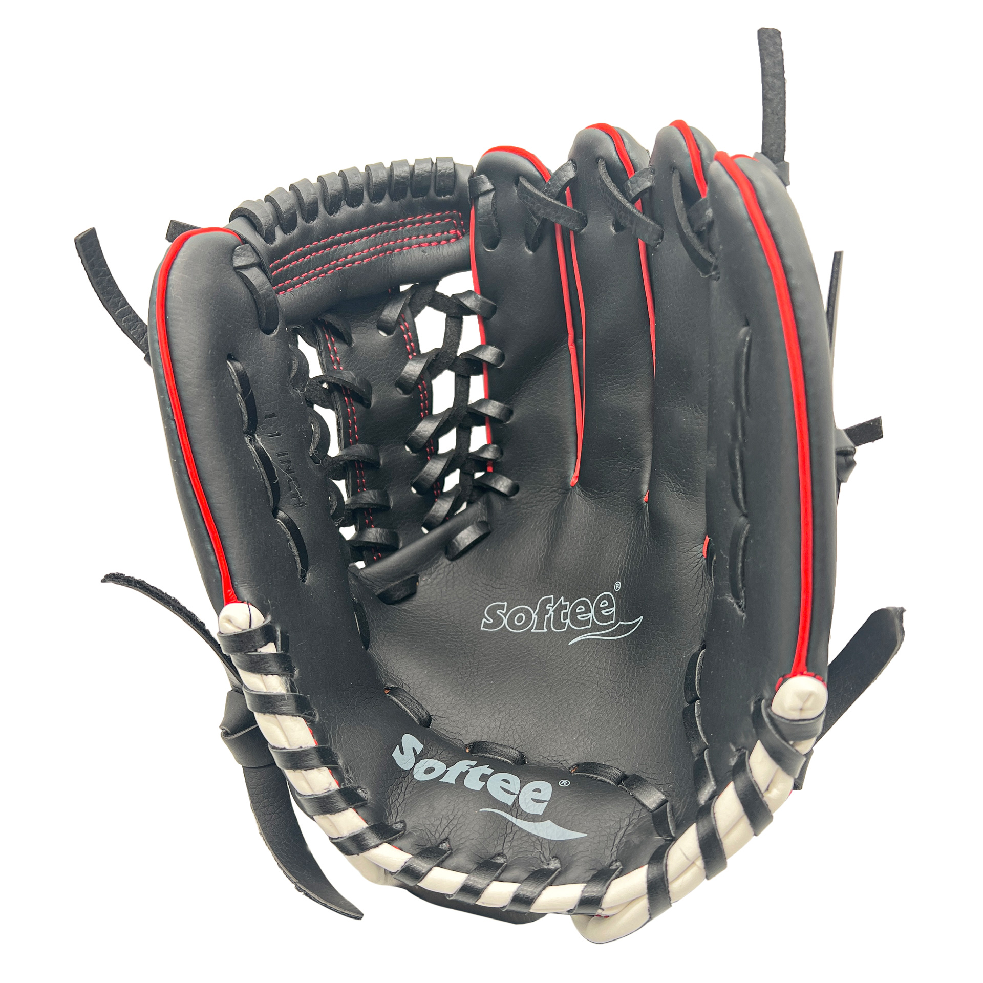 Un guante de béisbol negro con costuras rojas y la marca 'Softee'.