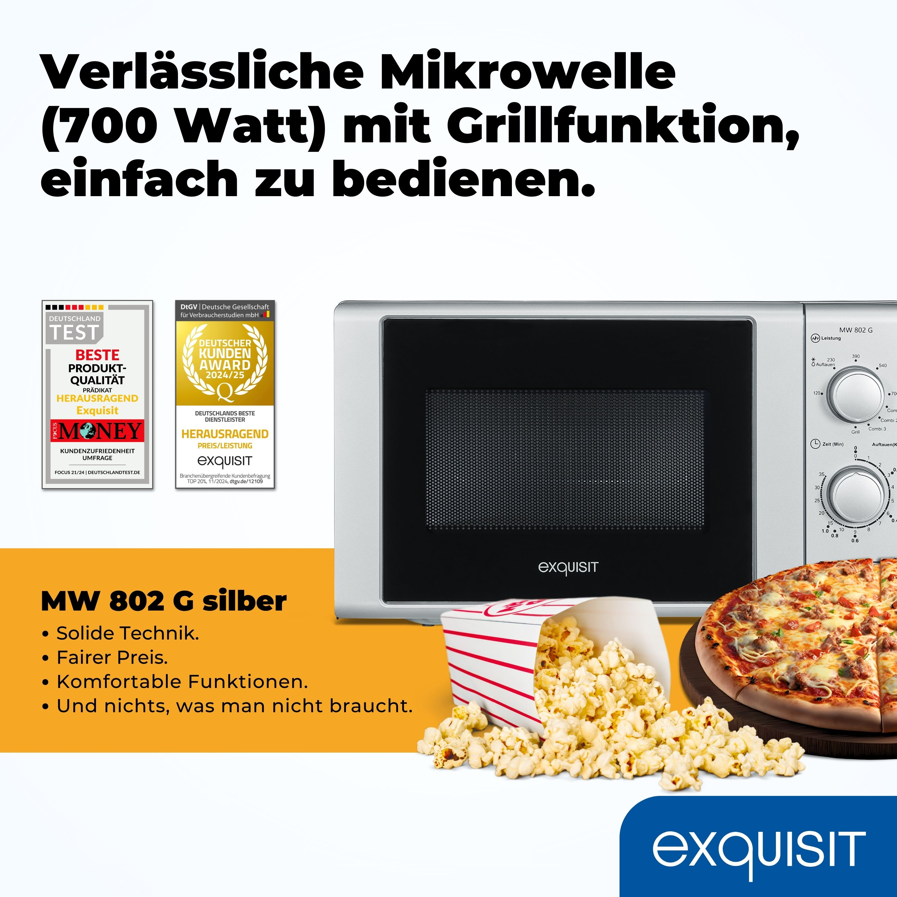 Mikrowelle mit Popcorn und Pizza. Text auf Deutsch beschreibt Funktionen, inkl. Grillfunktion.