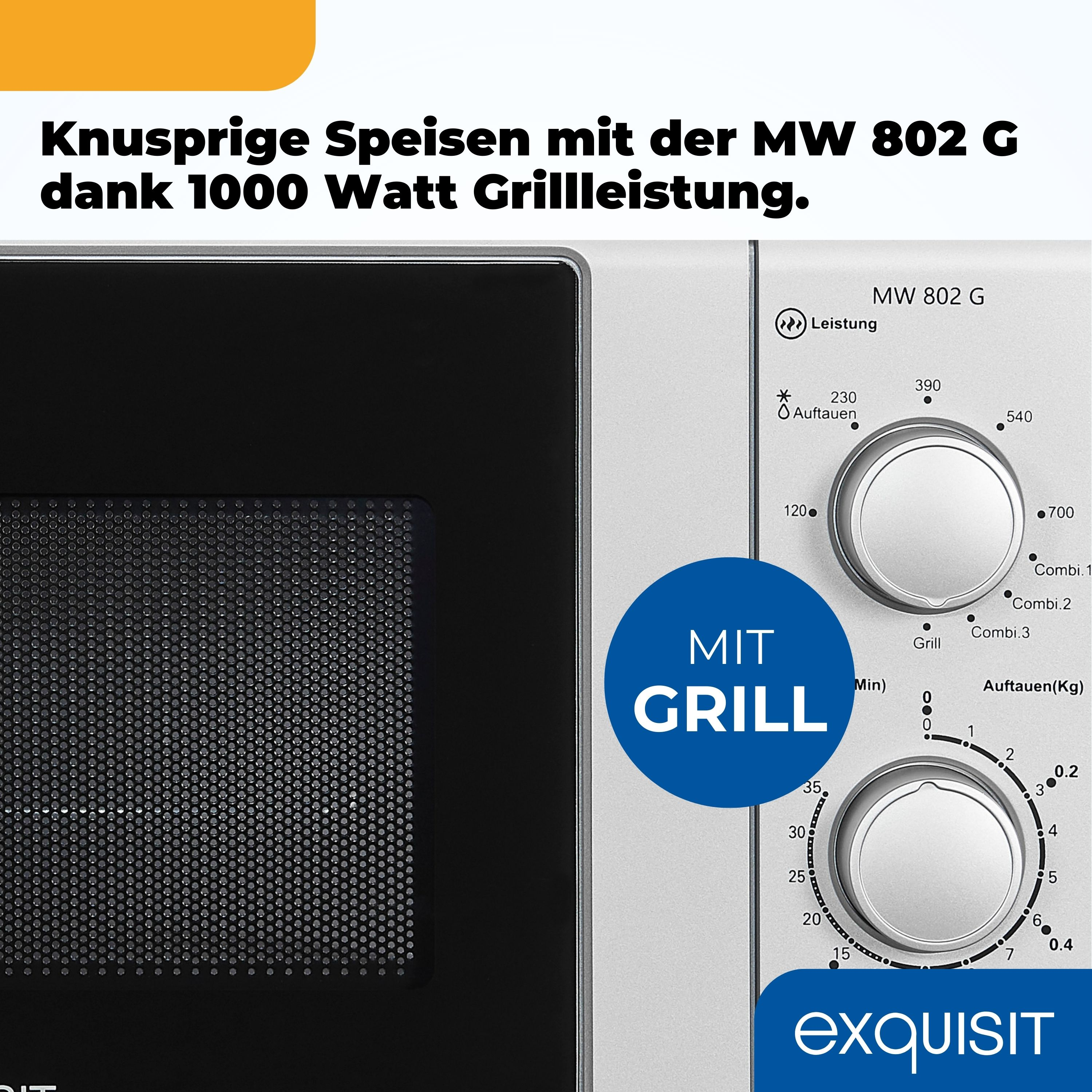 Mikrowelle mit Bedienfeld und Text auf Deutsch. Nahaufnahme der Front mit Grill.