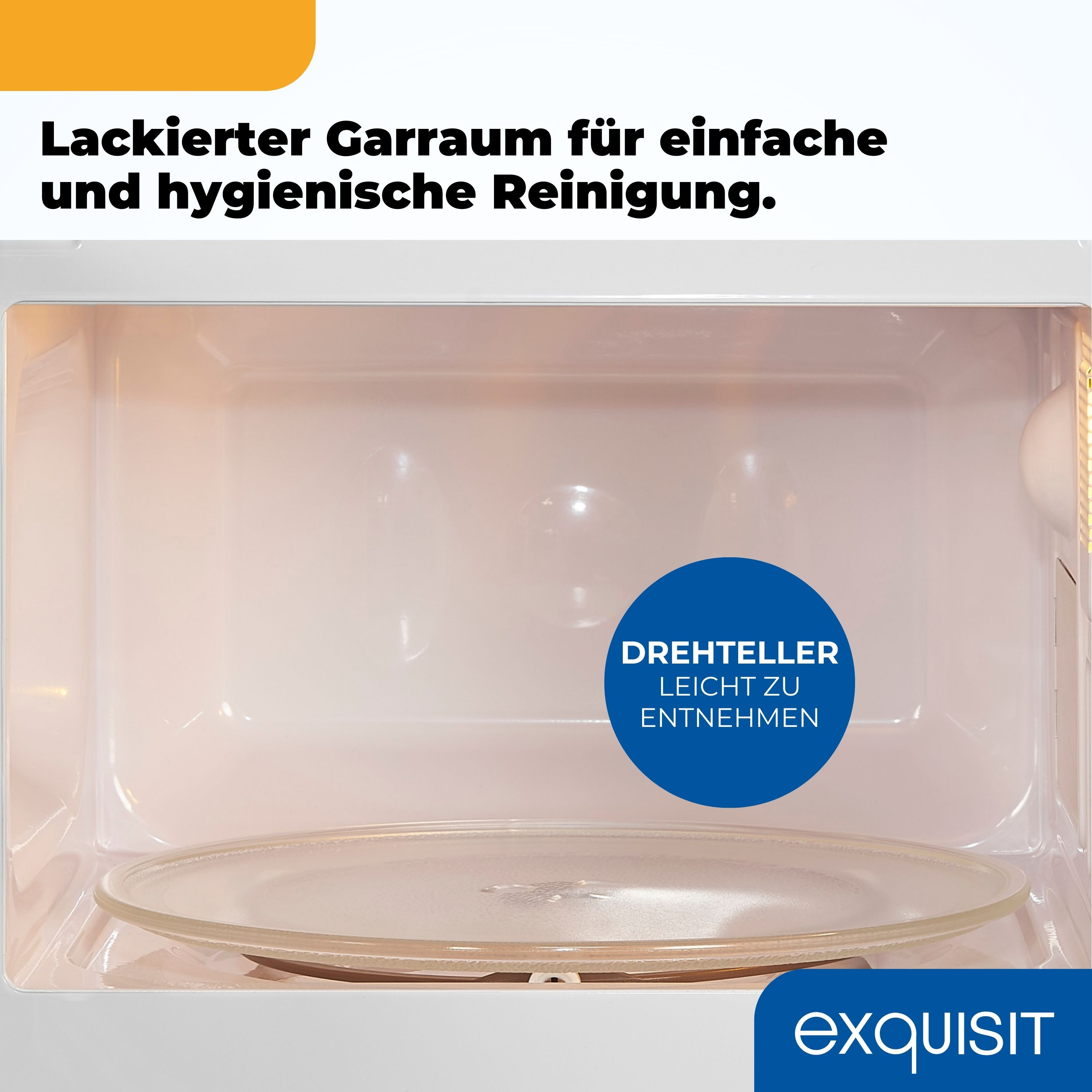 Innenansicht eines Mikrowellenherds. Eine Glasplatte ist sichtbar. Der Ofen ist leer.