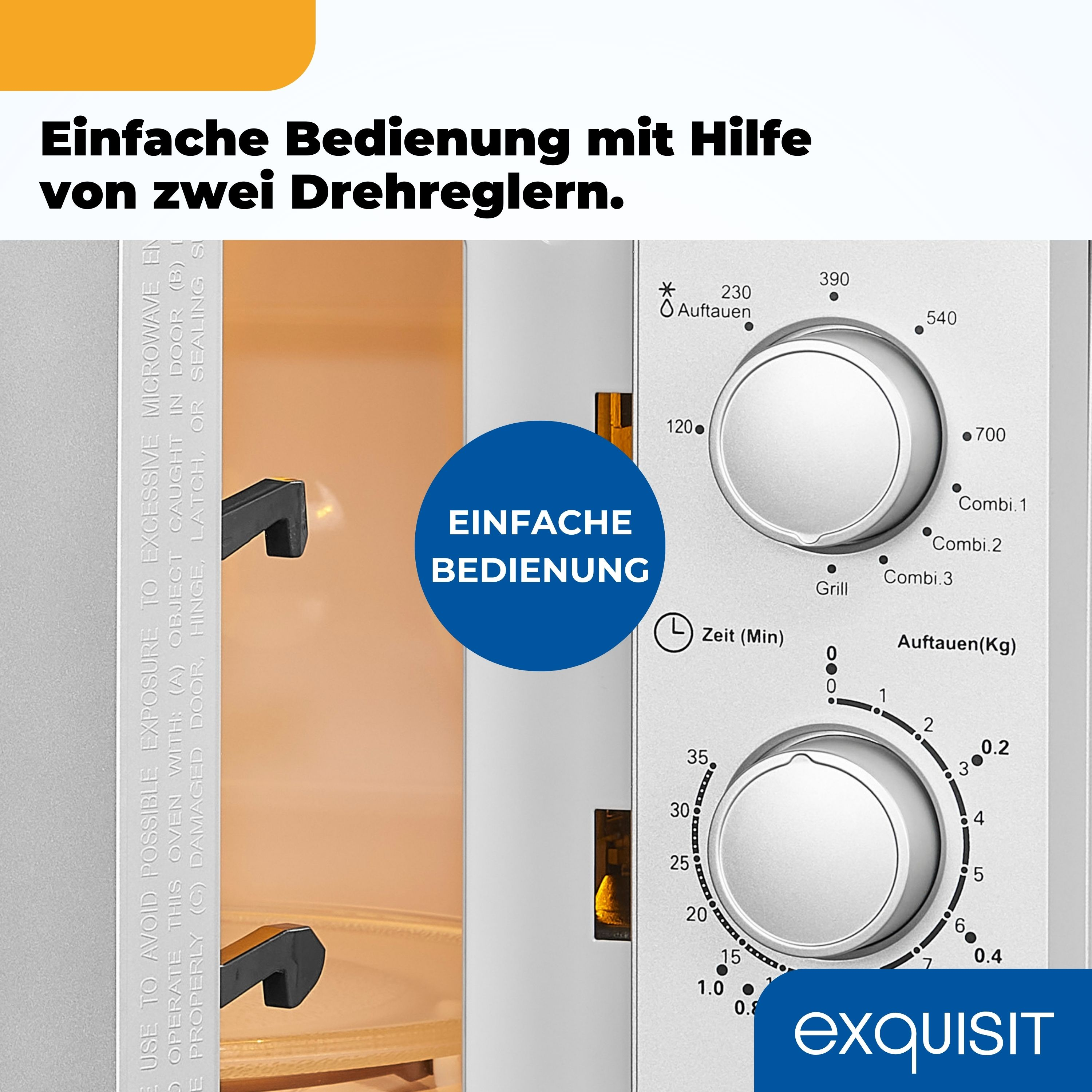Mikrowellen-Bedienfeld mit zwei Knöpfen. Text: Einfache Bedienung.