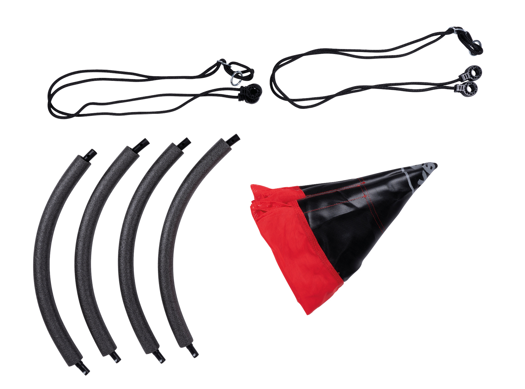 Diverse onderdelen van de schommelset: touwen, zwarte, met schuim bedekte staven en een rood-zwart schommeldak.