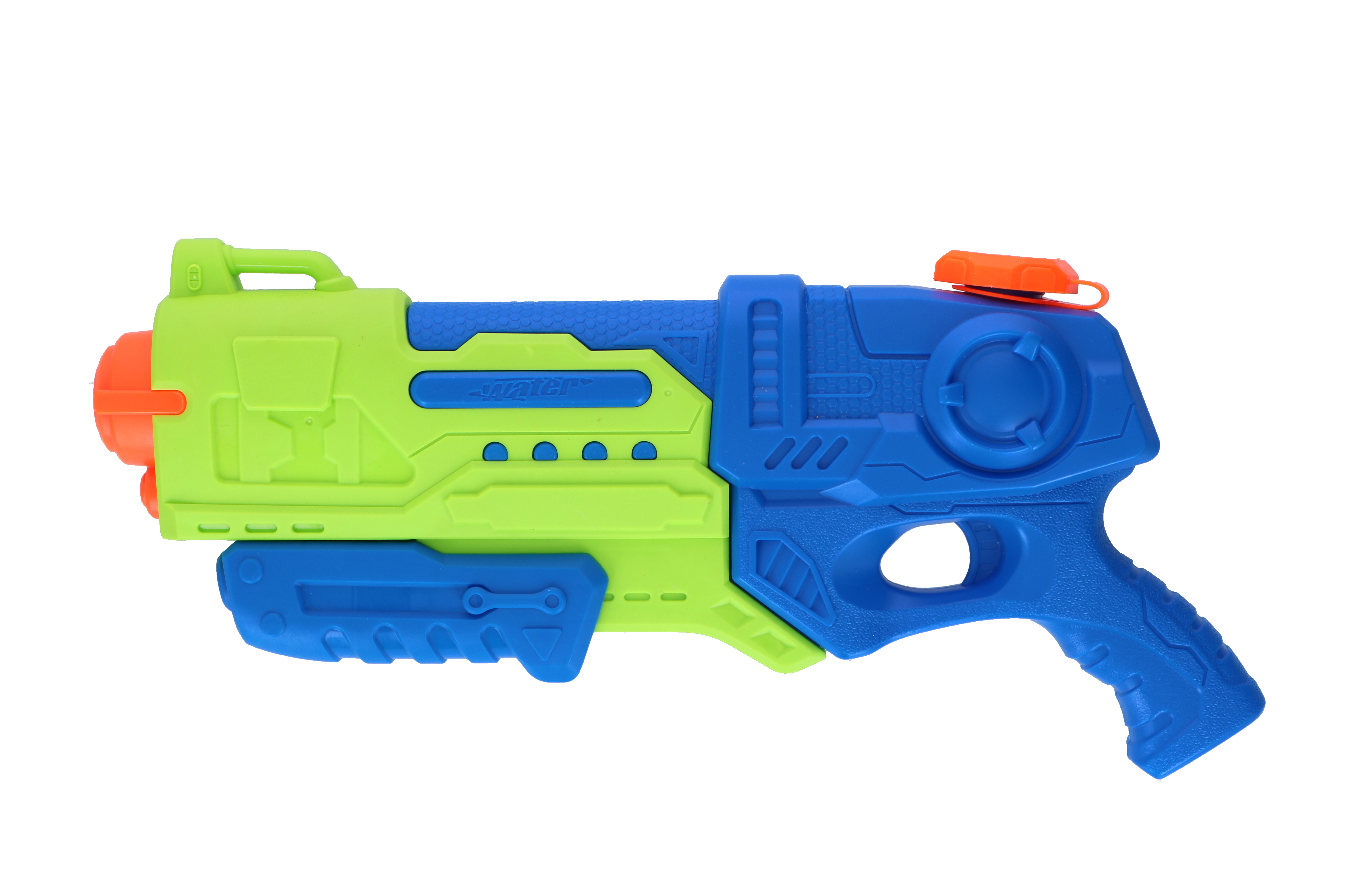 Blue and green water gun, orange tip, black background.