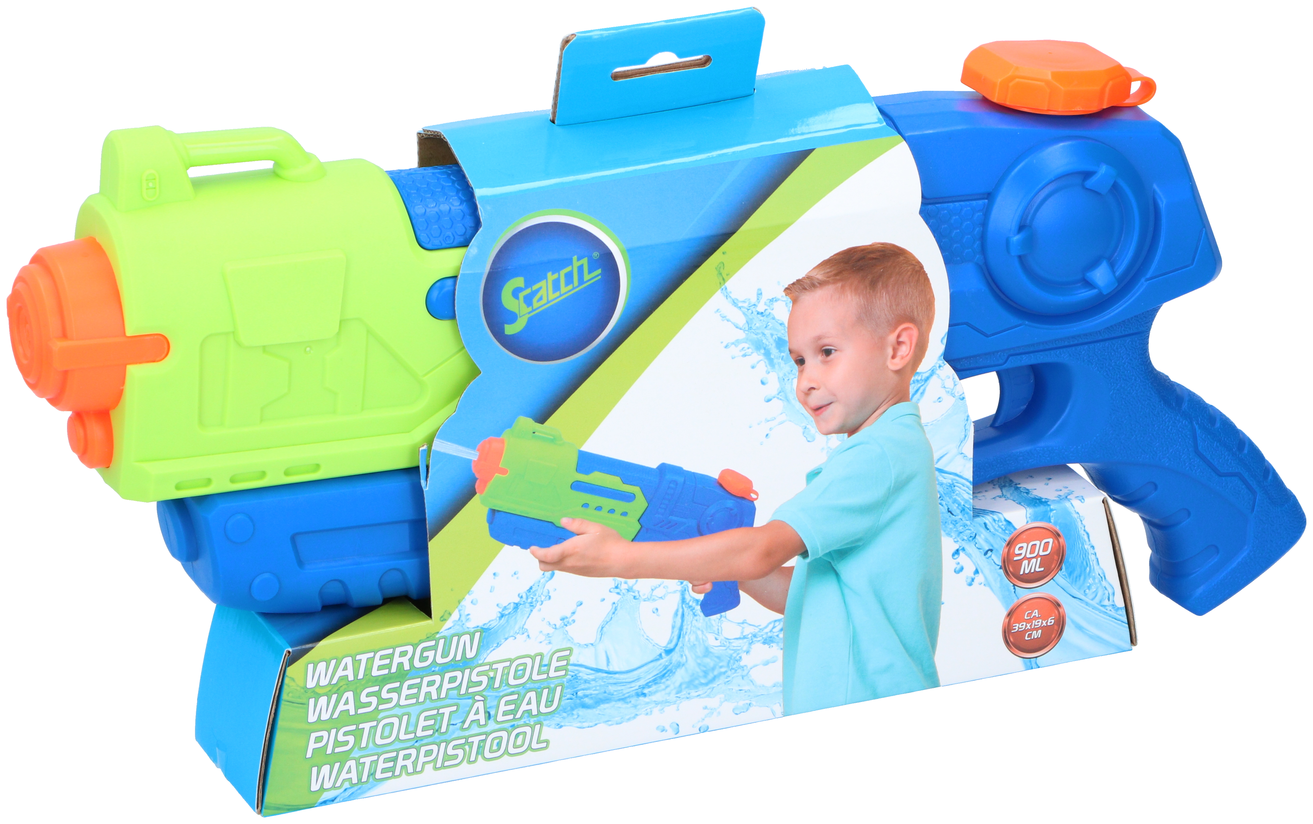Water gun in a box. Blue and green colors, a picture of a boy on the package. White background.