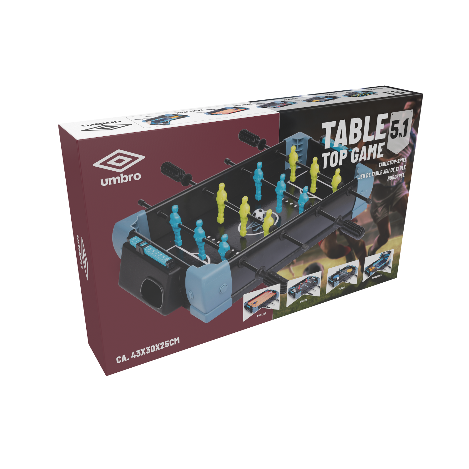 Foosball game box with blue and yellow players. Box shows game images and Umbro logo.