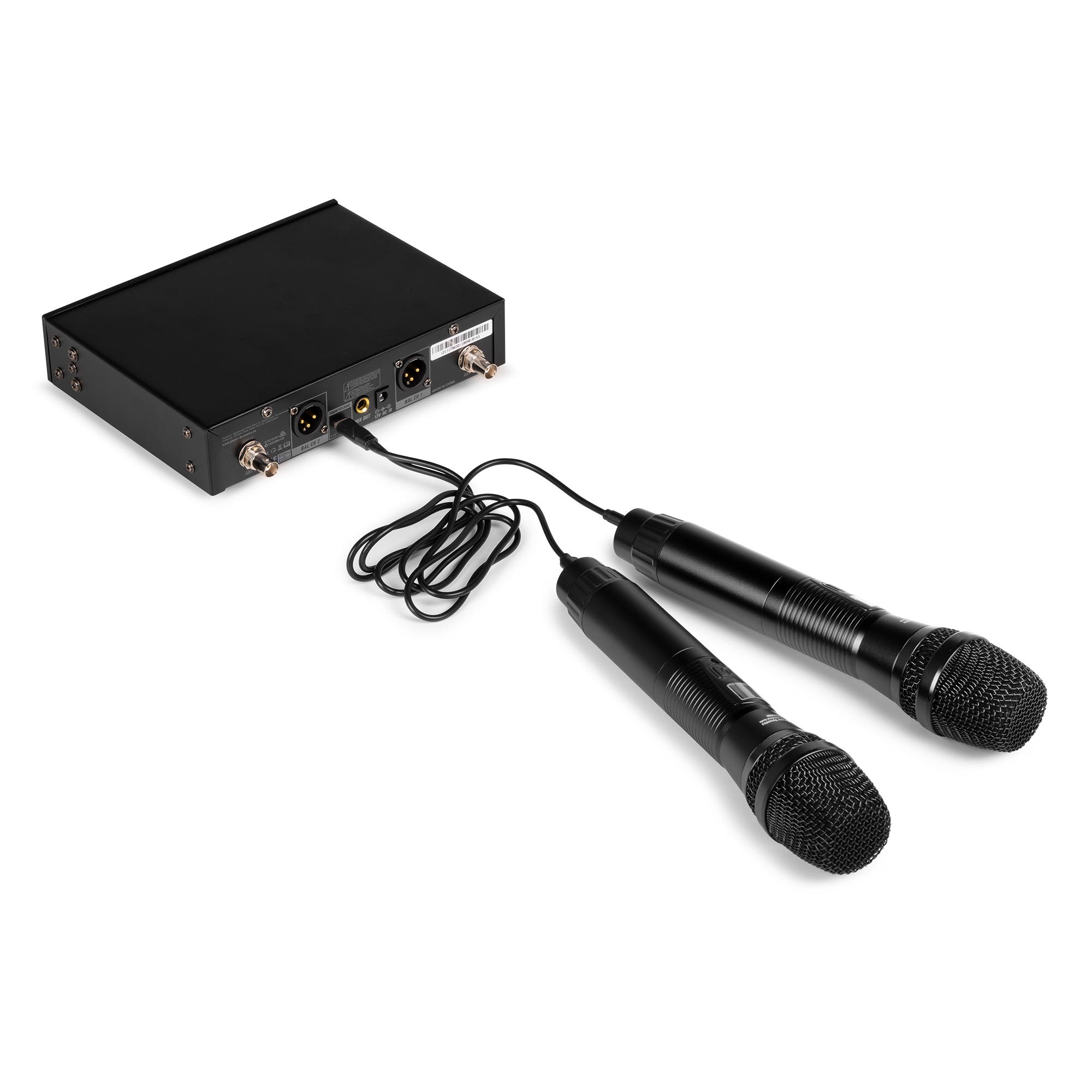Black wireless microphone set with a base unit, two microphones, and connecting cables, isolated on white background.