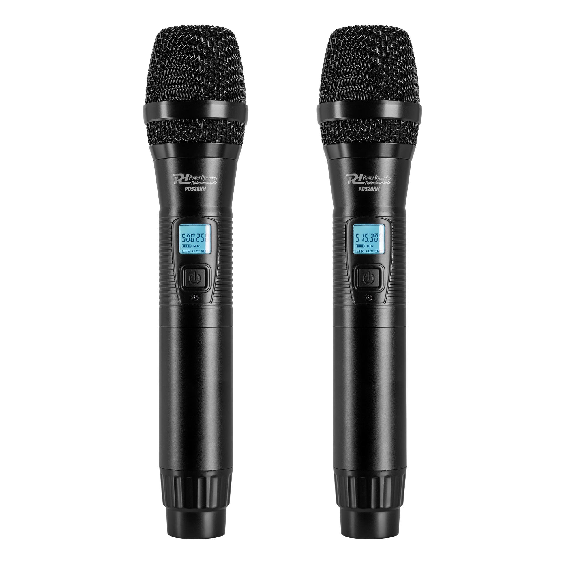 Two black wireless microphones with integrated display screens, brand name 'Power Dynamics' visible on the front.