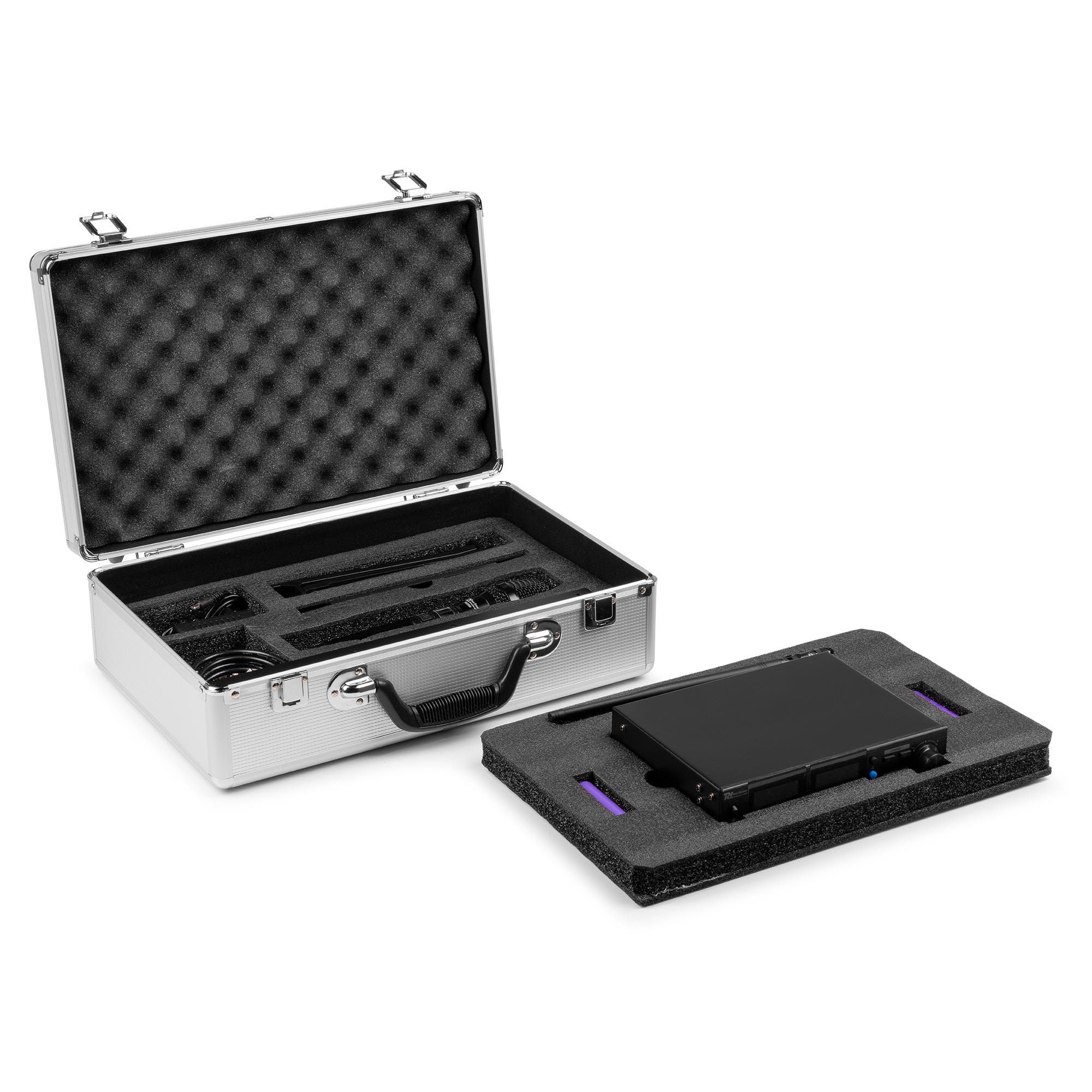 Open silver suitcase with black audio equipment inside a foam insert, on a white background.