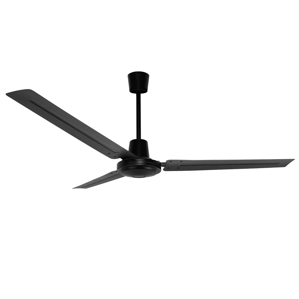 Viene mostrato un ventilatore da soffitto nero con tre pale, appeso al soffitto.