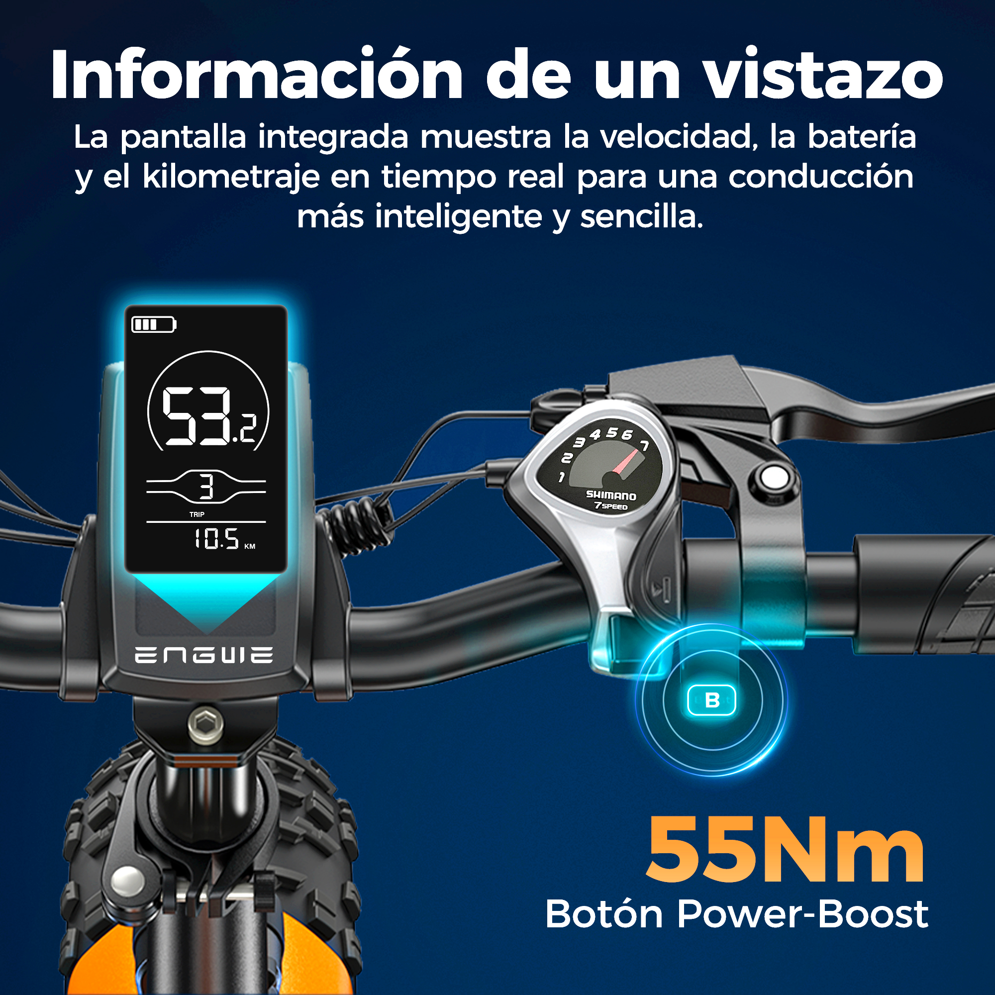 Primer plano de la pantalla y el panel de control de una bicicleta eléctrica naranja, con texto en español.