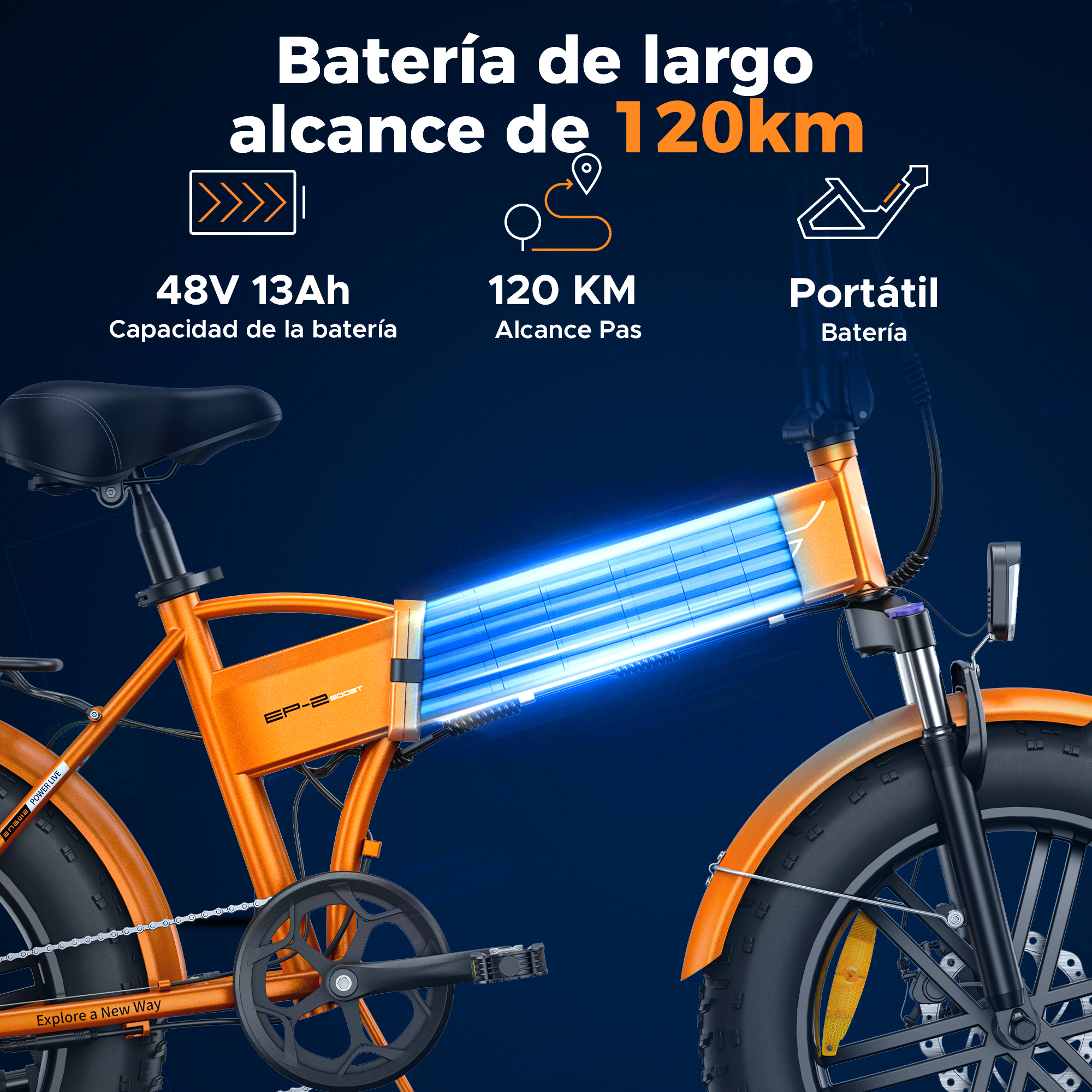 Bicicleta eléctrica naranja con información de la batería, con texto en español, sobre fondo blanco.