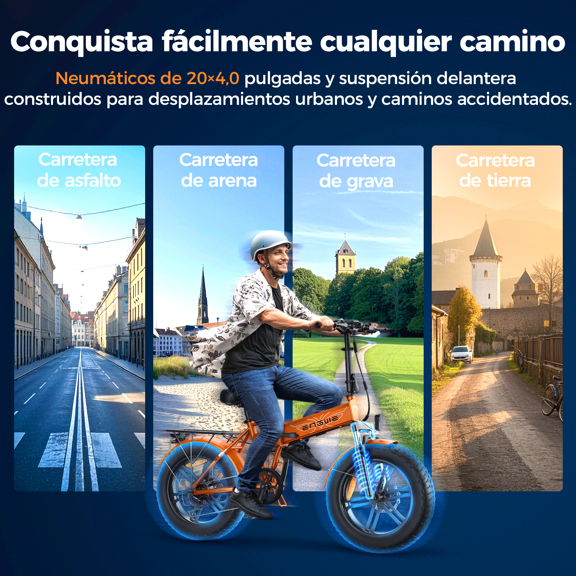 Hombre en bicicleta eléctrica naranja en varios terrenos: asfalto, arena, grava y caminos de tierra, día soleado.