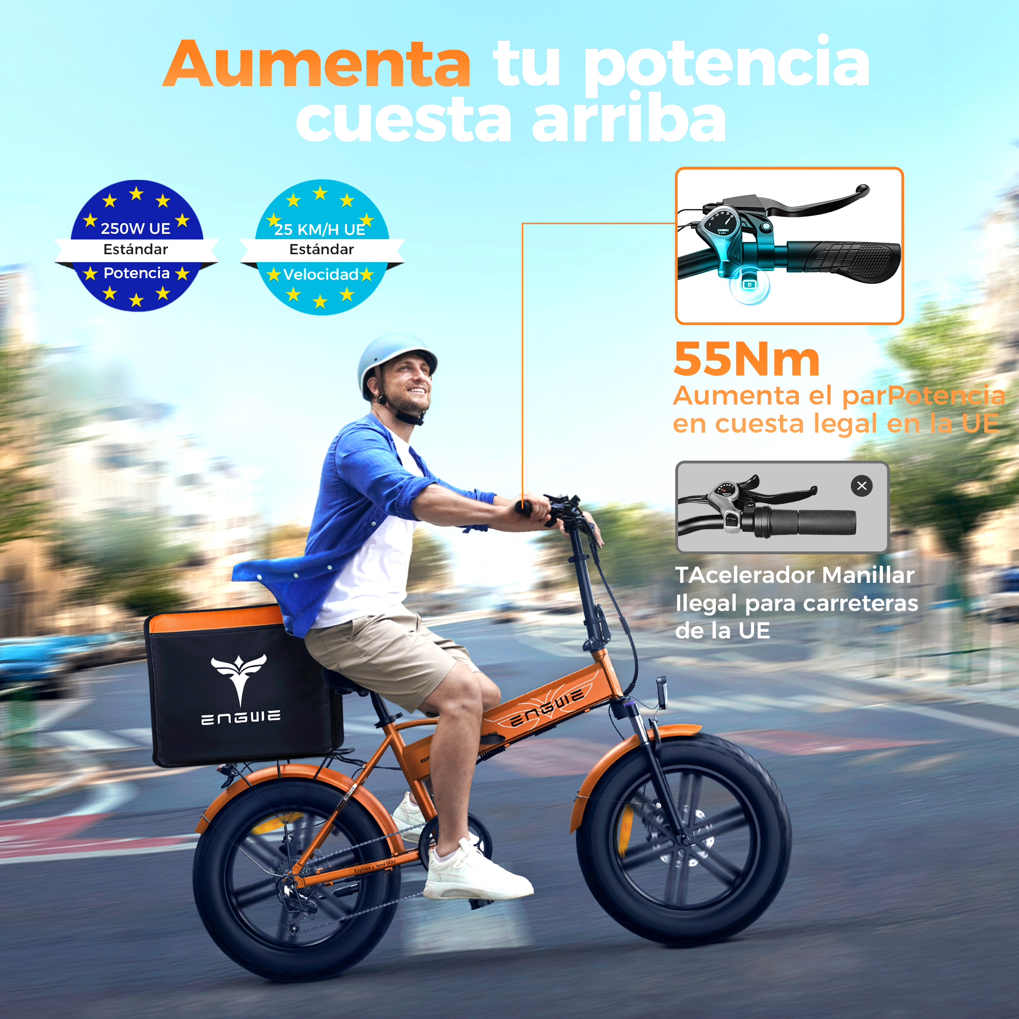 Hombre en bicicleta eléctrica naranja, lleva una caja negra, con texto sobre potencia y velocidad, en carretera.
