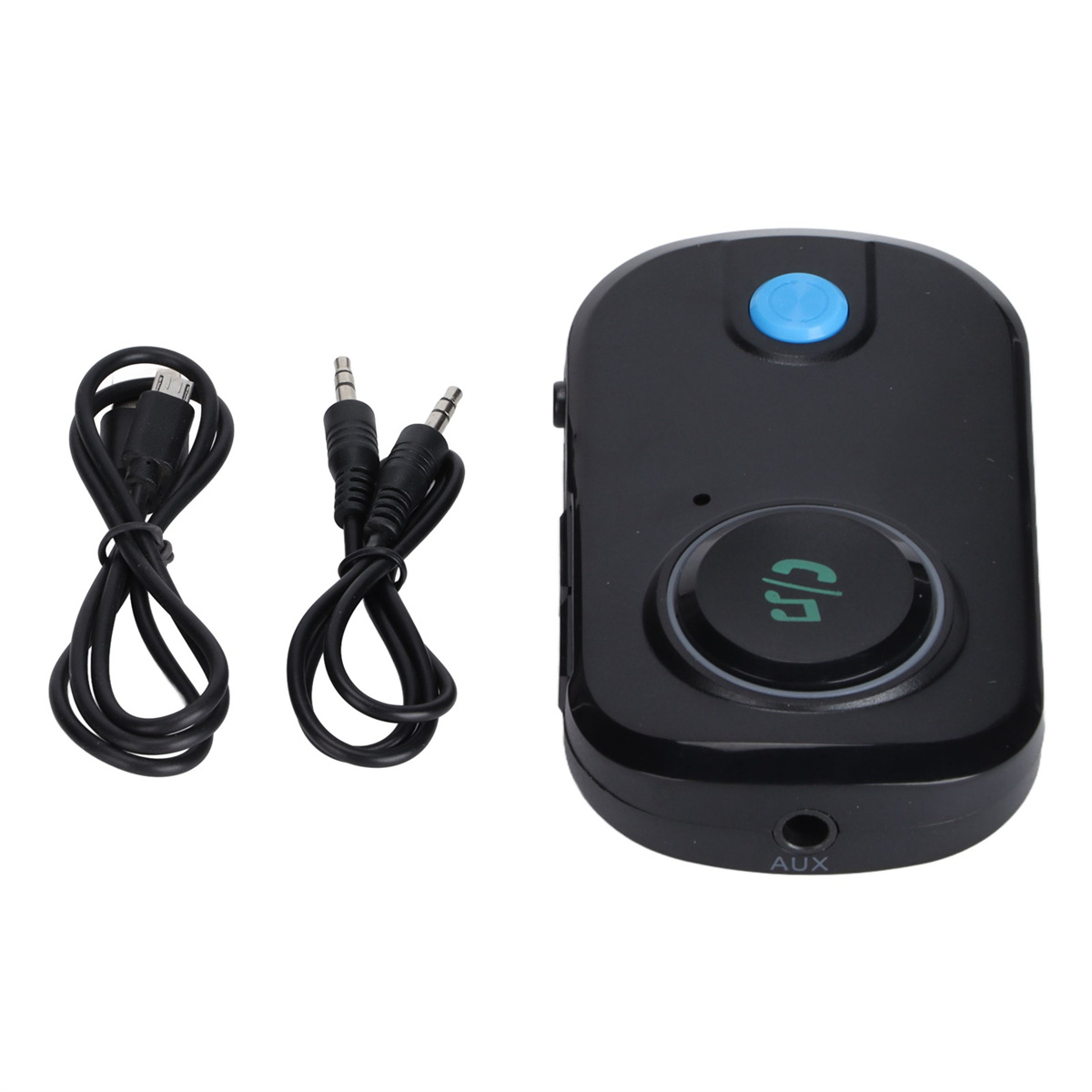 Schwarzer Bluetooth-Empfänger mit Kabeln und Aux-Anschluss.