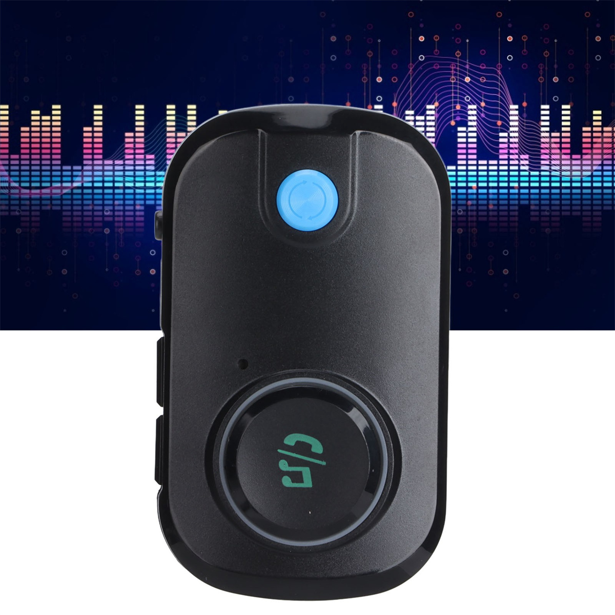 Schwarzer Bluetooth-Audioempfänger mit blauem Knopf und grünem Musiksymbol auf der Vorderseite.