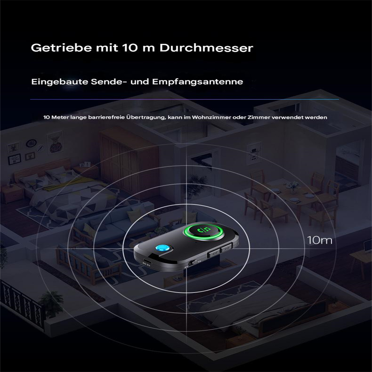 Diagramm, das ein Bluetooth-Gerät in einem Haus zeigt und seine Reichweite von 10 Metern veranschaulicht.
