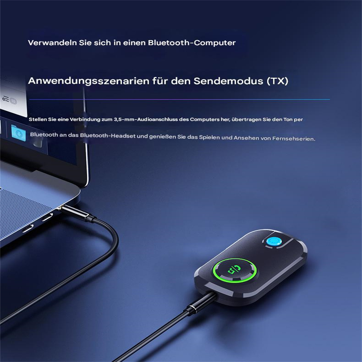 Diagramm, das ein Bluetooth-Gerät zeigt, das mit einem Laptop verbunden ist, mit Text und Kabel.