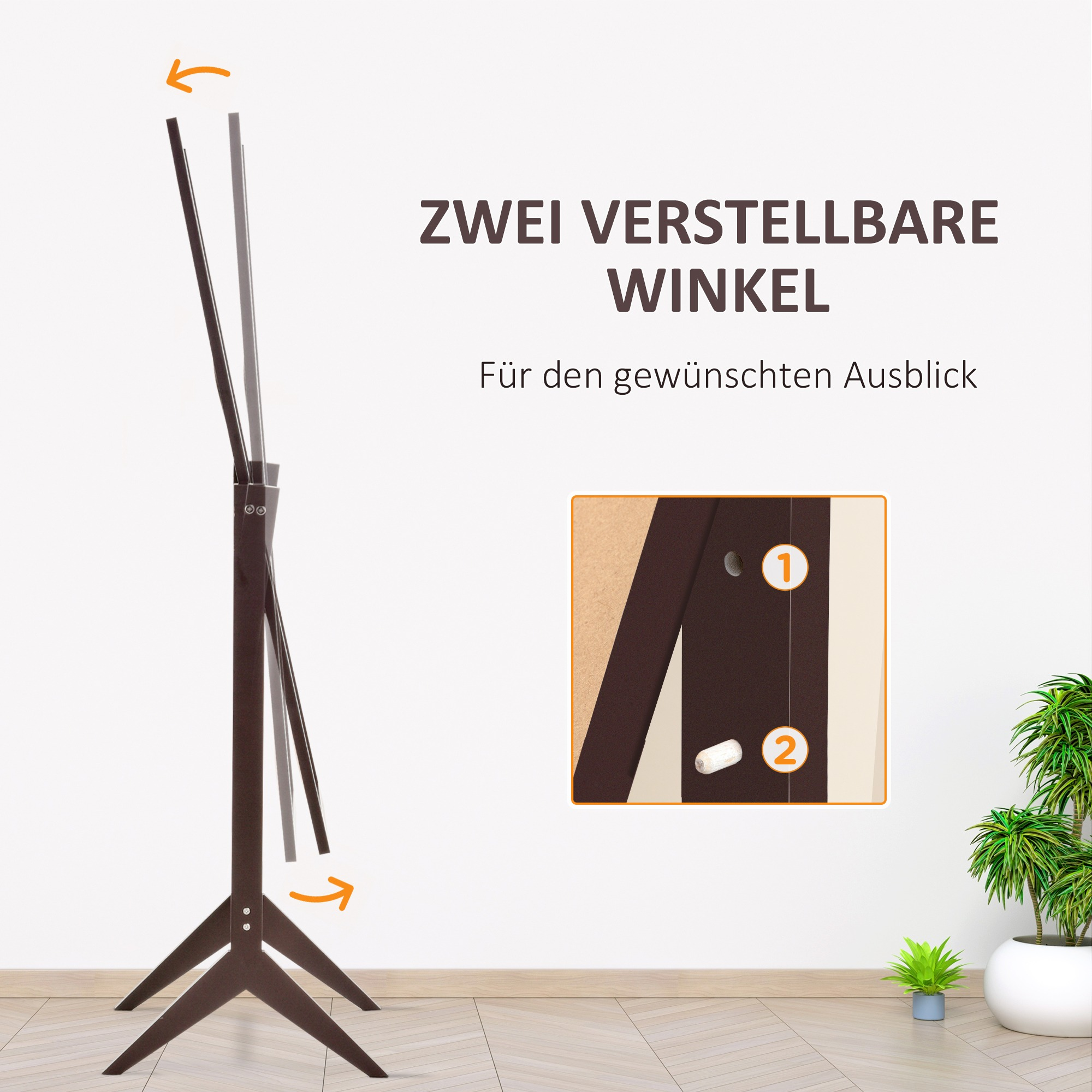 Brauner TV-Ständer, Pfeile zeigen verstellbare Winkel. Diagramm zeigt zwei verstellbare Winkel. Grüne Pflanze.