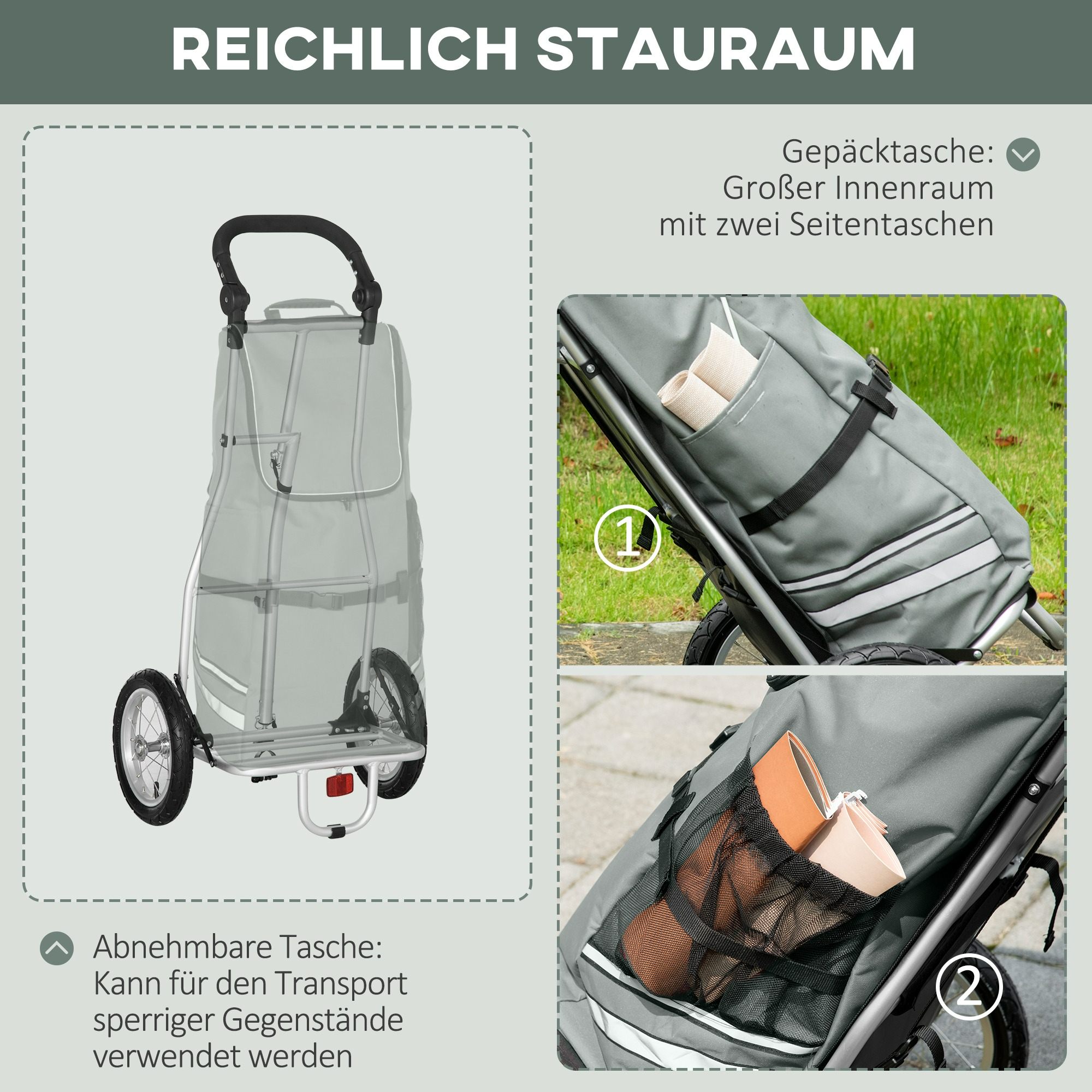 Grauer Einkaufswagen mit zwei Rädern. Details umfassen abnehmbare Tasche, Reißverschluss und Griff. Schwarzer Griff.
