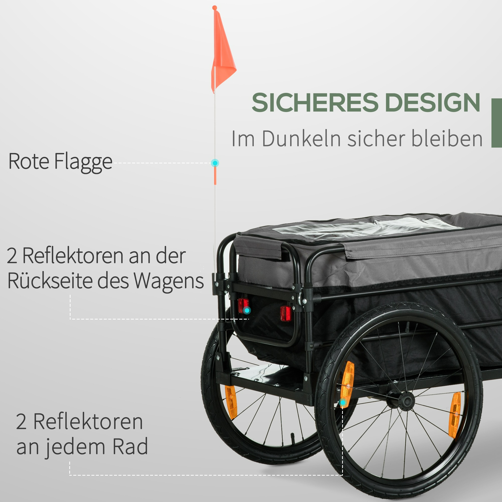 Fahrradanhänger mit orangefarbener Fahne und Reflektoren. Schwarzer Rahmen, zwei Räder, Text.