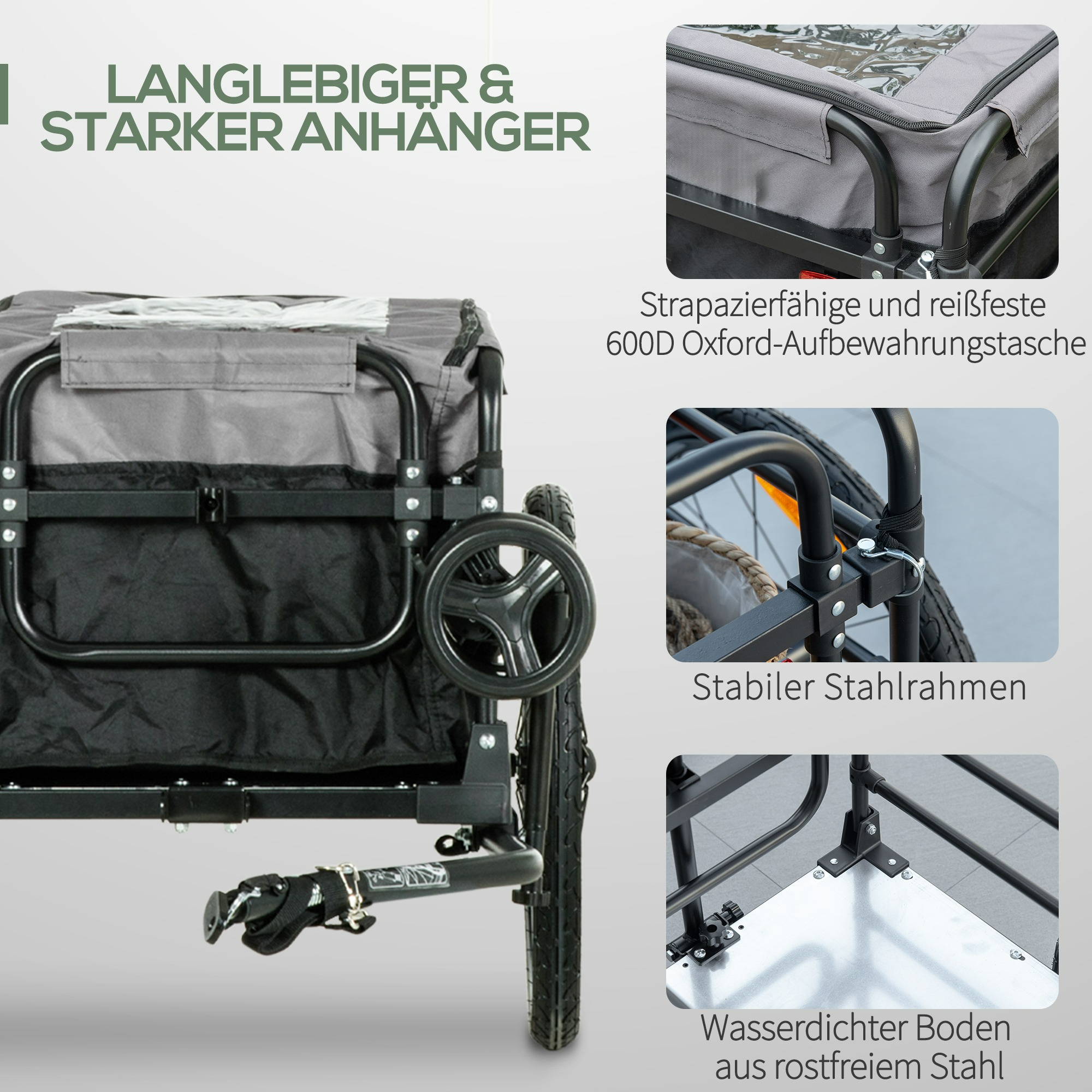 Ein schwarz-grauer Wagen mit einem Rad an der Seite. Details des Wagens sind in den Bildern gezeigt.
