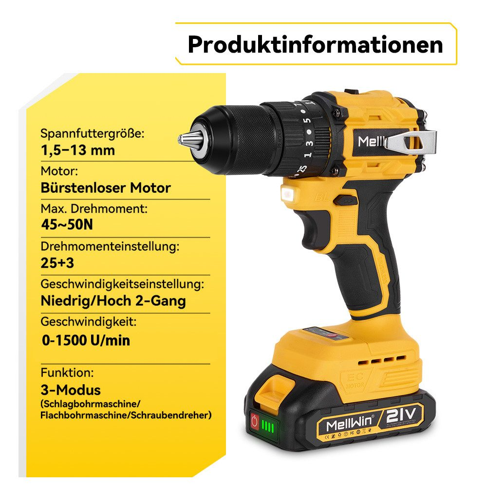 Gelber Bohrer mit Spezifikationen. Enthält Merkmale: Bohrfuttergröße, Motortyp, Geschwindigkeit, Funktionen.