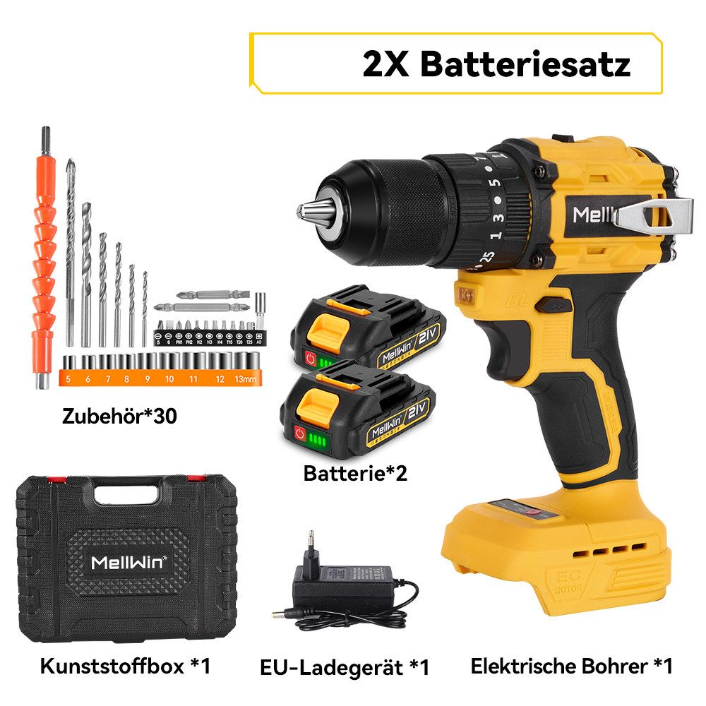 Gelber Bohrer mit Zubehör: Bohrer, zwei Batterien, Ladegerät und eine schwarze Tasche.