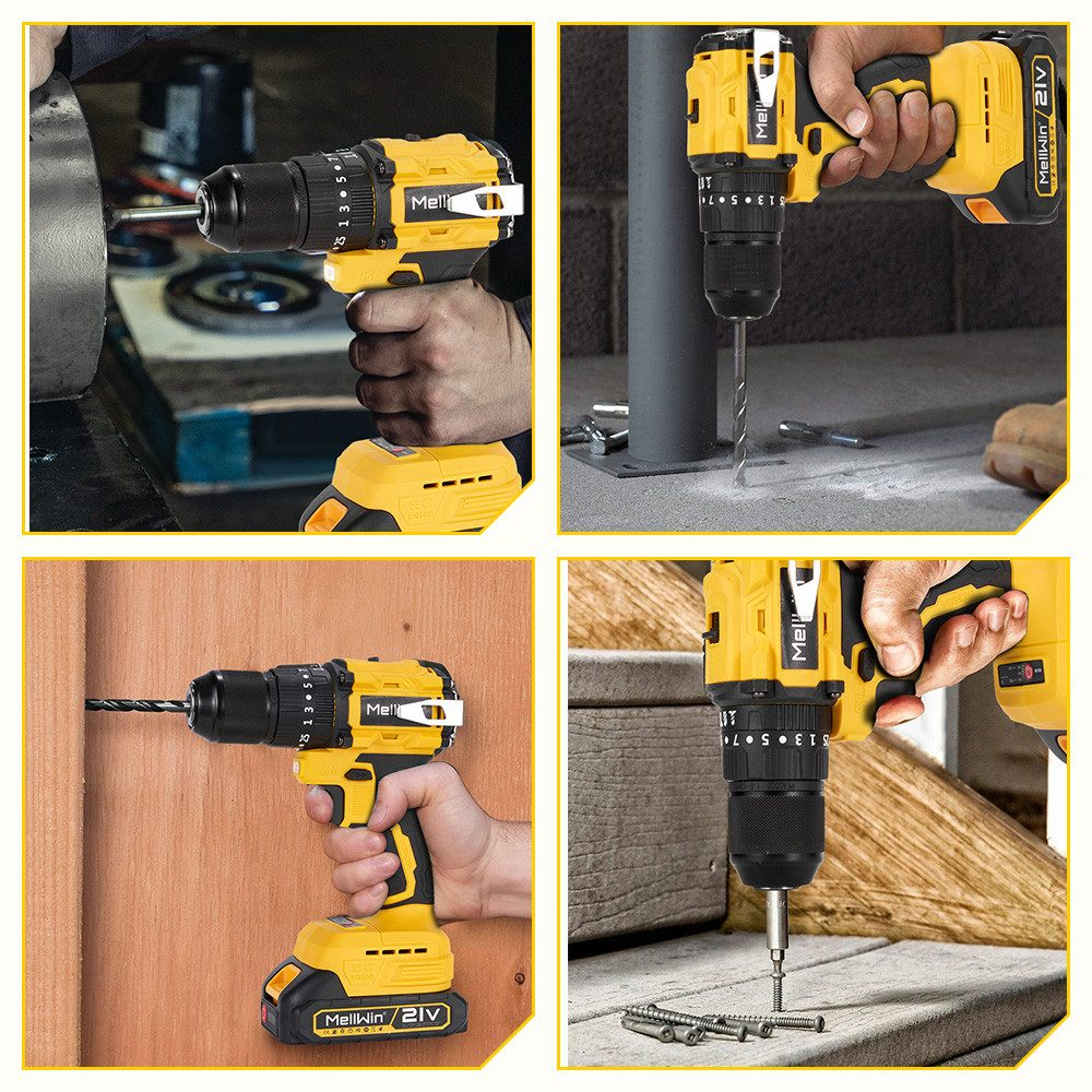 Vier Bilder eines gelben Bohrers im Einsatz. Holz, Metall bohren und mit Schrauben arbeiten.