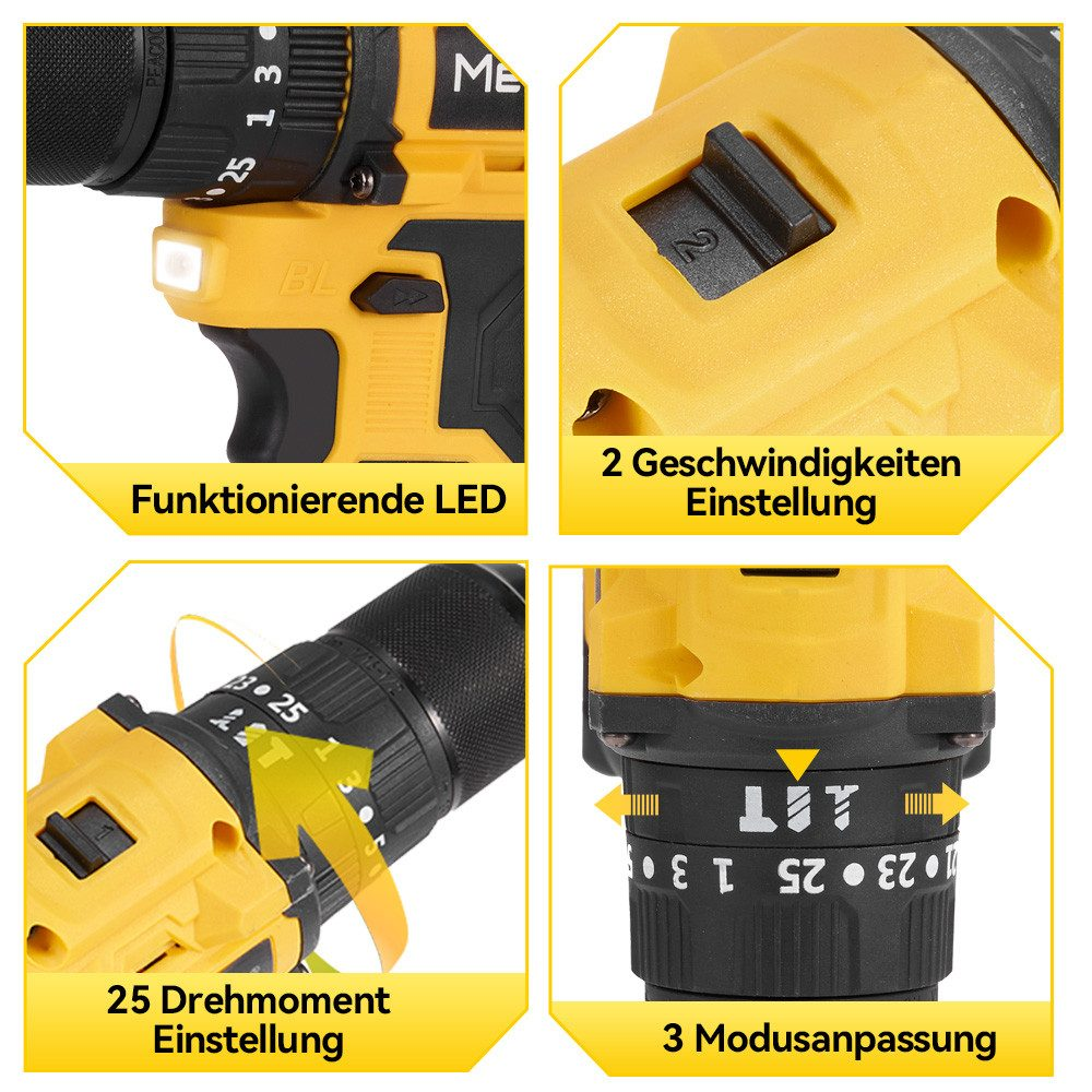 Nahaufnahme eines gelb-schwarzen Bohrers mit mehreren Einstellmöglichkeiten und einer LED-Leuchte.