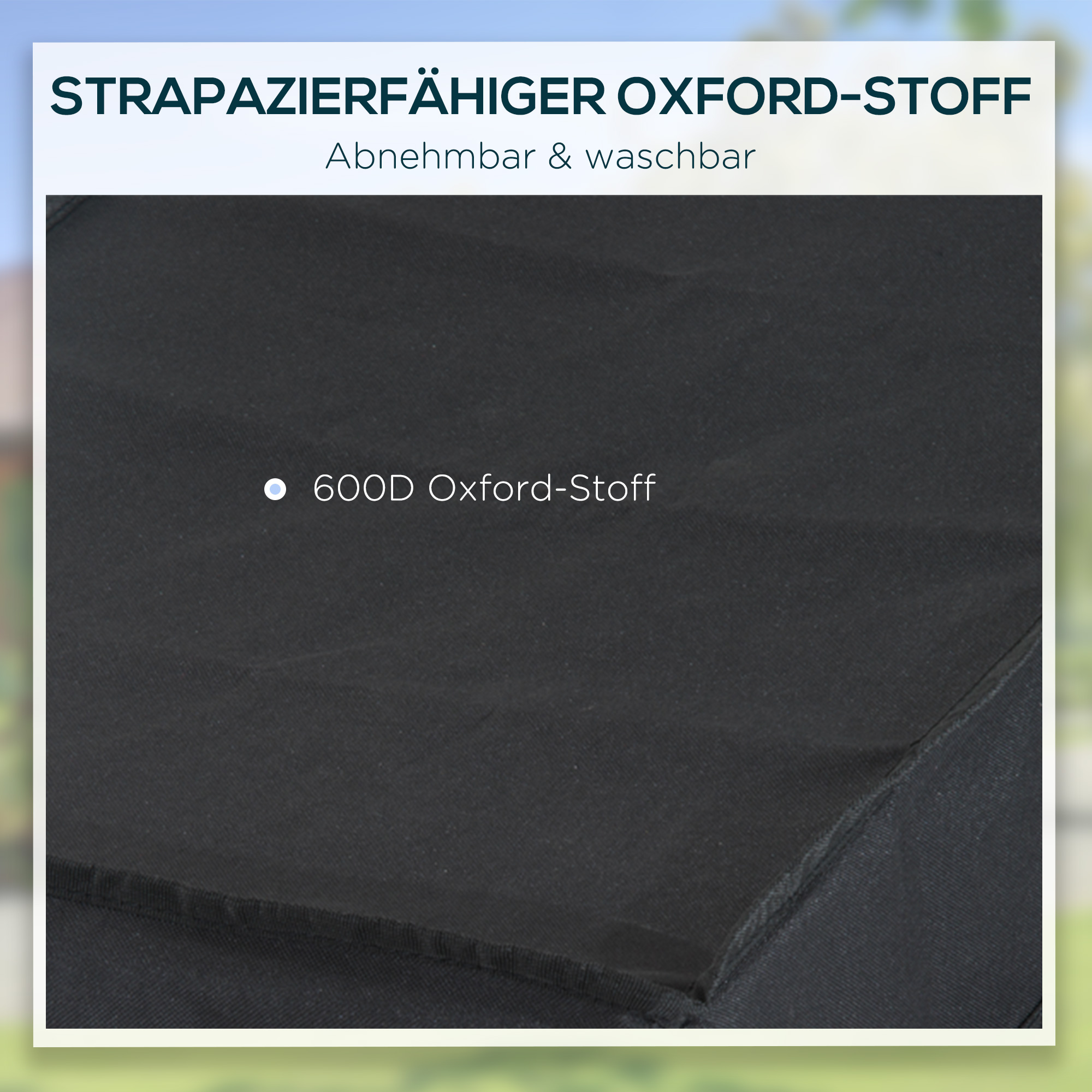 Nahaufnahme von schwarzem Oxford-Stoff. Text weist auf Abnehmbarkeit, Waschbarkeit und 600D hin.