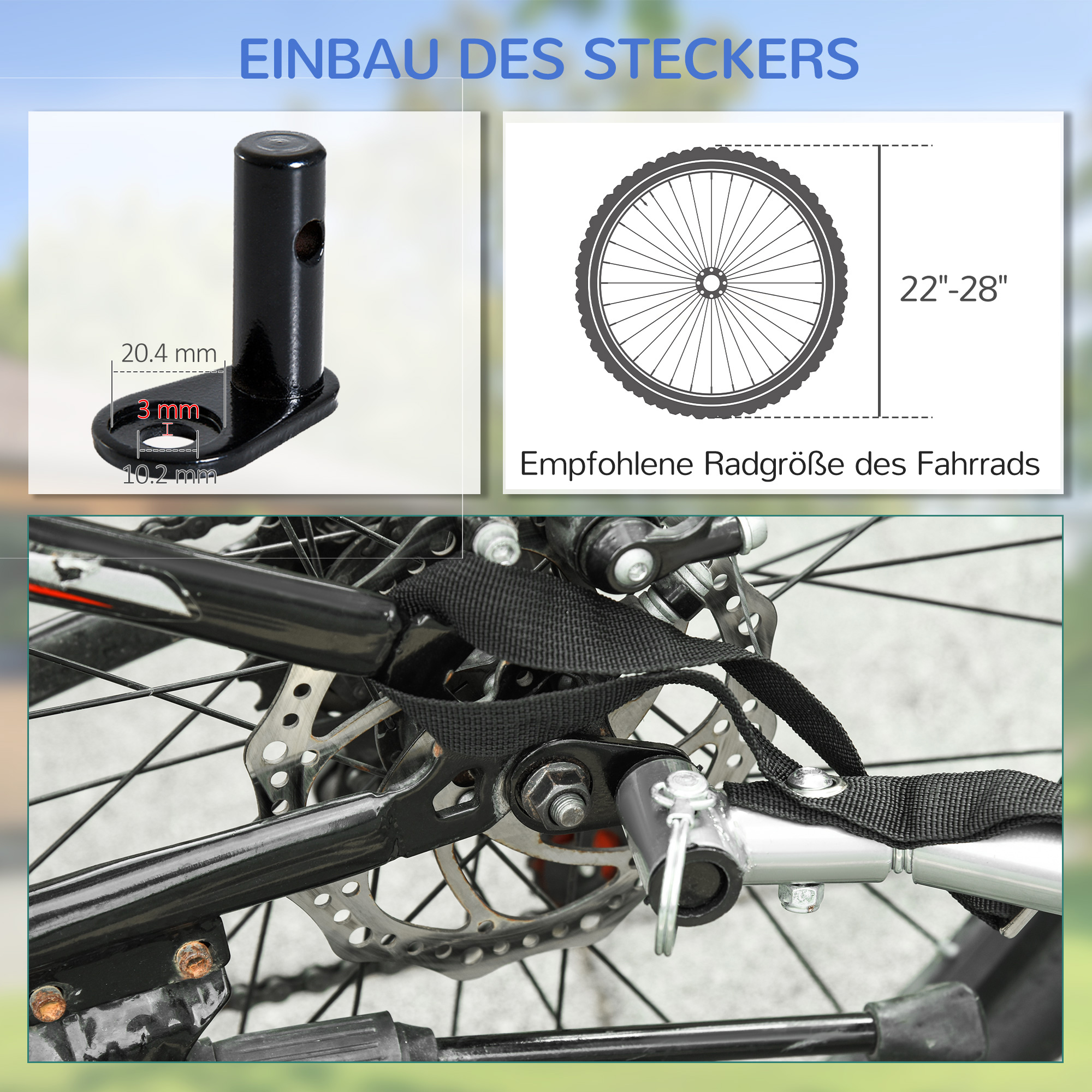 Diagramm, das Teile und Abmessungen einer Fahrradanhängerkupplung zeigt. Radgröße 22-28.