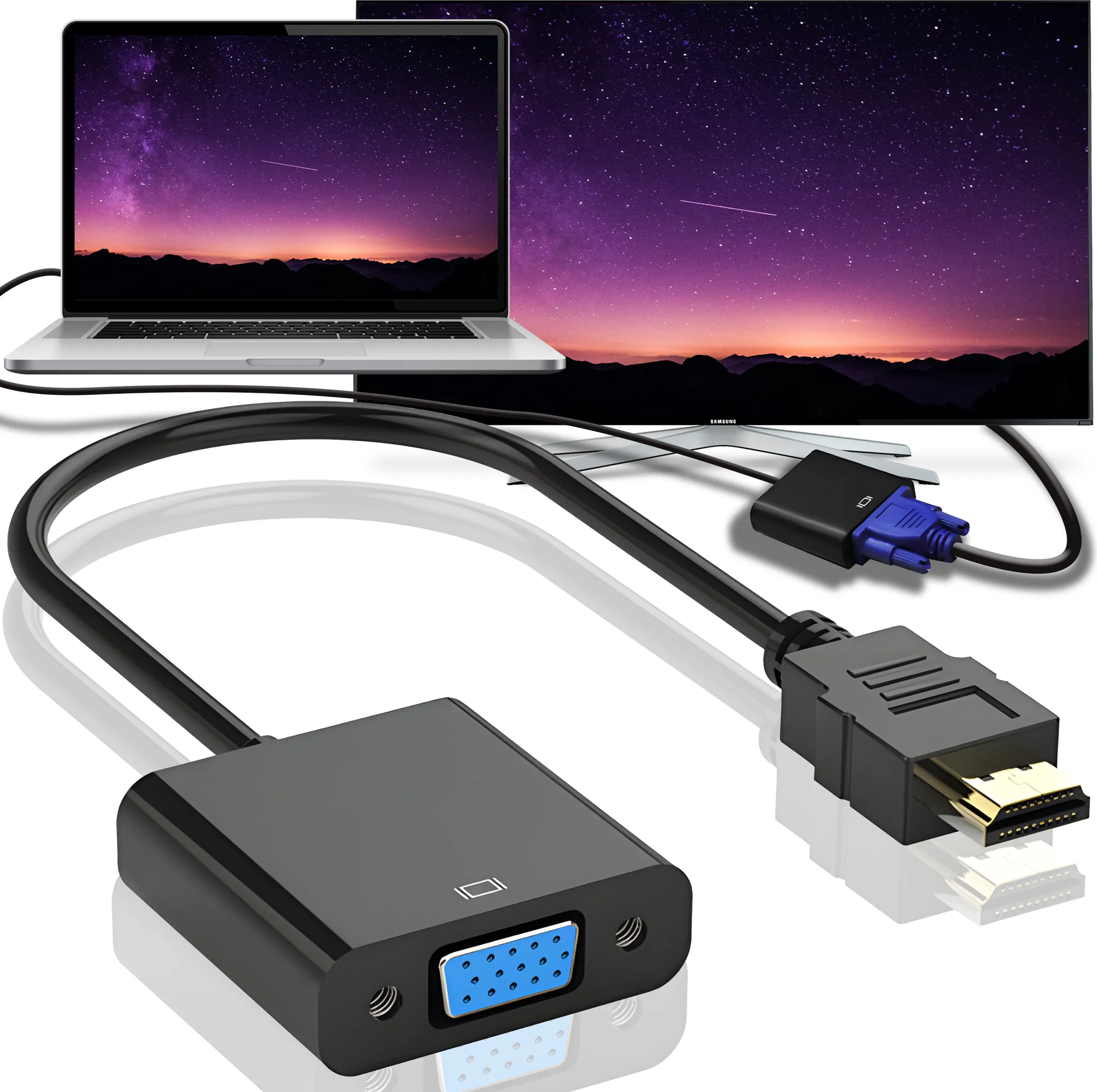 Schwarzer HDMI-zu-VGA-Adapter mit Laptop und Fernseher, die einen Sternenhimmel zeigen.