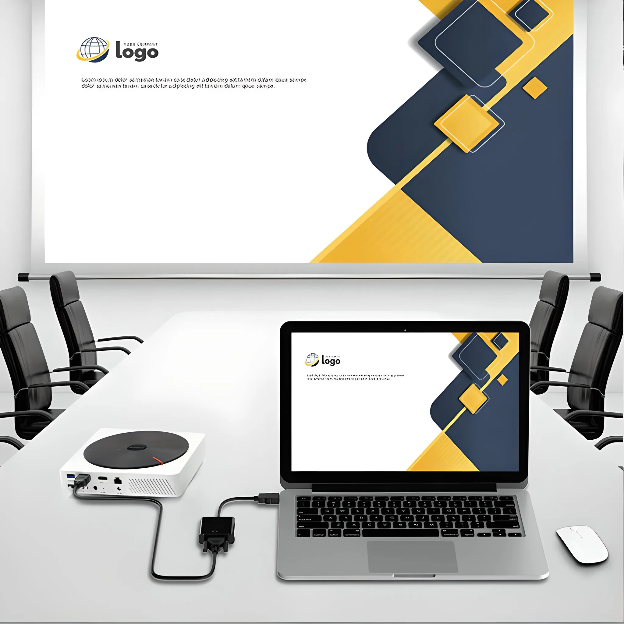 Konferenzraum mit Laptop, Projektor und Bildschirm, der ein Logo und abstrakte Formen zeigt.