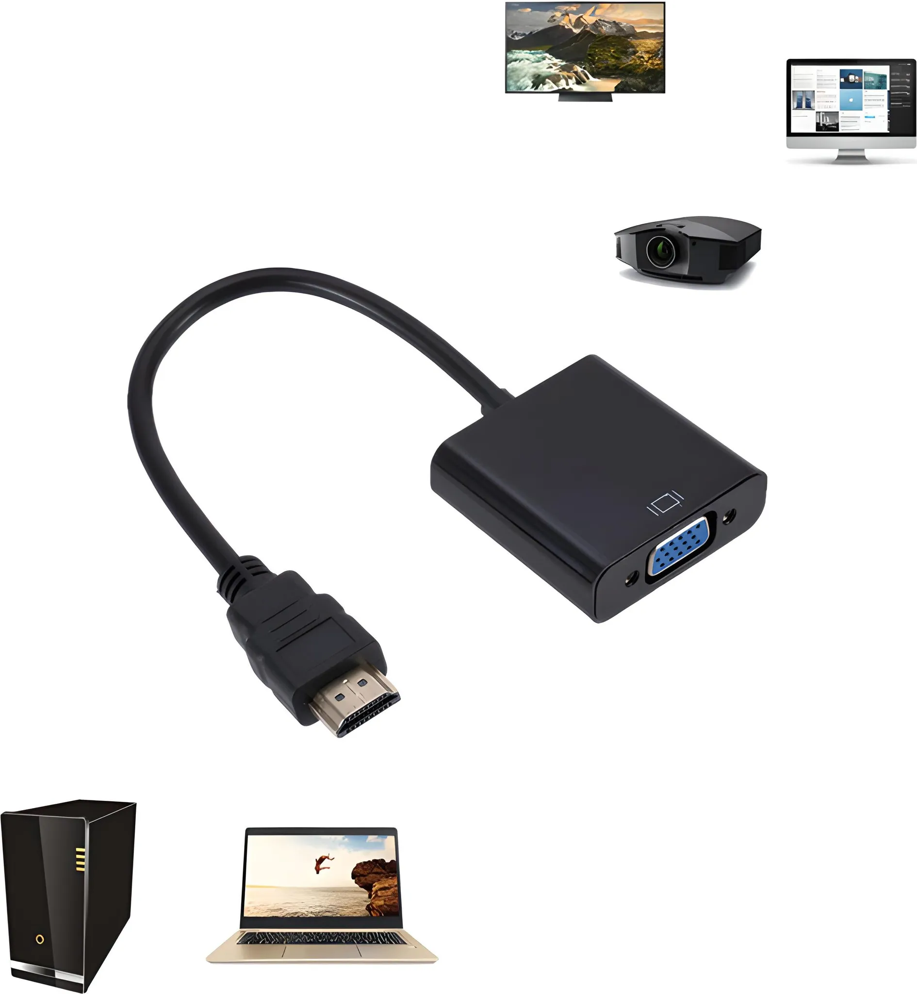 HDMI-zu-VGA-Adapter mit verschiedenen Geräten: Laptop, Monitor, Projektor und NAS.