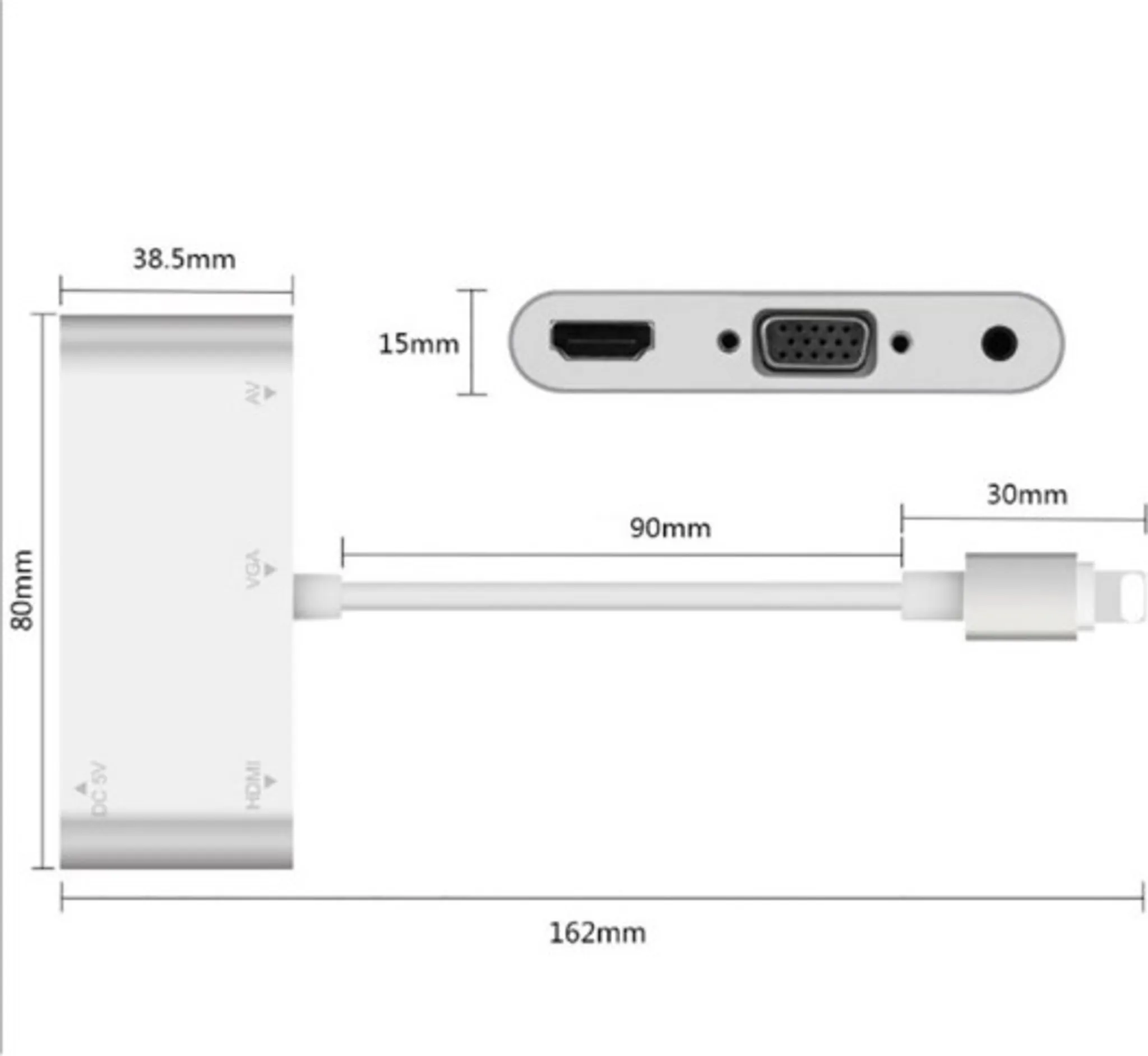 Weißer Adapter mit HDMI-, VGA- und Audioanschlüssen. Maße sind auf dem Bild angegeben.