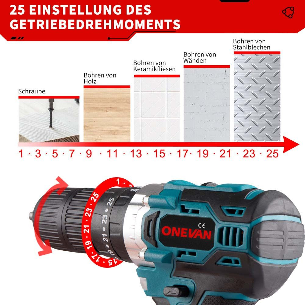 Taladro con ajustes para diferentes materiales, incluyendo madera, baldosas y acero. Flecha roja apunta a ajustes.