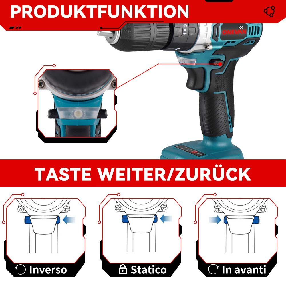 Taladro inalámbrico con detalles de botones e instrucciones. Texto en italiano con diferentes ajustes de taladro.