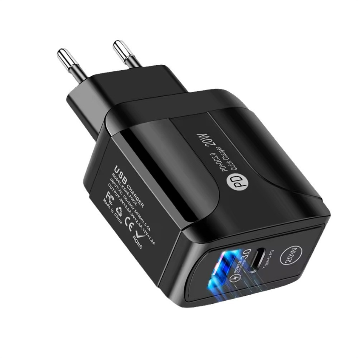 Schwarzes USB-Ladegerät mit USB-C-Anschluss. Es hat ein PD 20W-Label und einen USB 3.0-Anschluss.