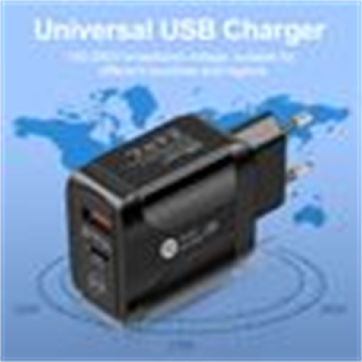 Ein universelles USB-Ladegerät mit mehreren Anschlüssen und einem blauen Weltkartenhintergrund.