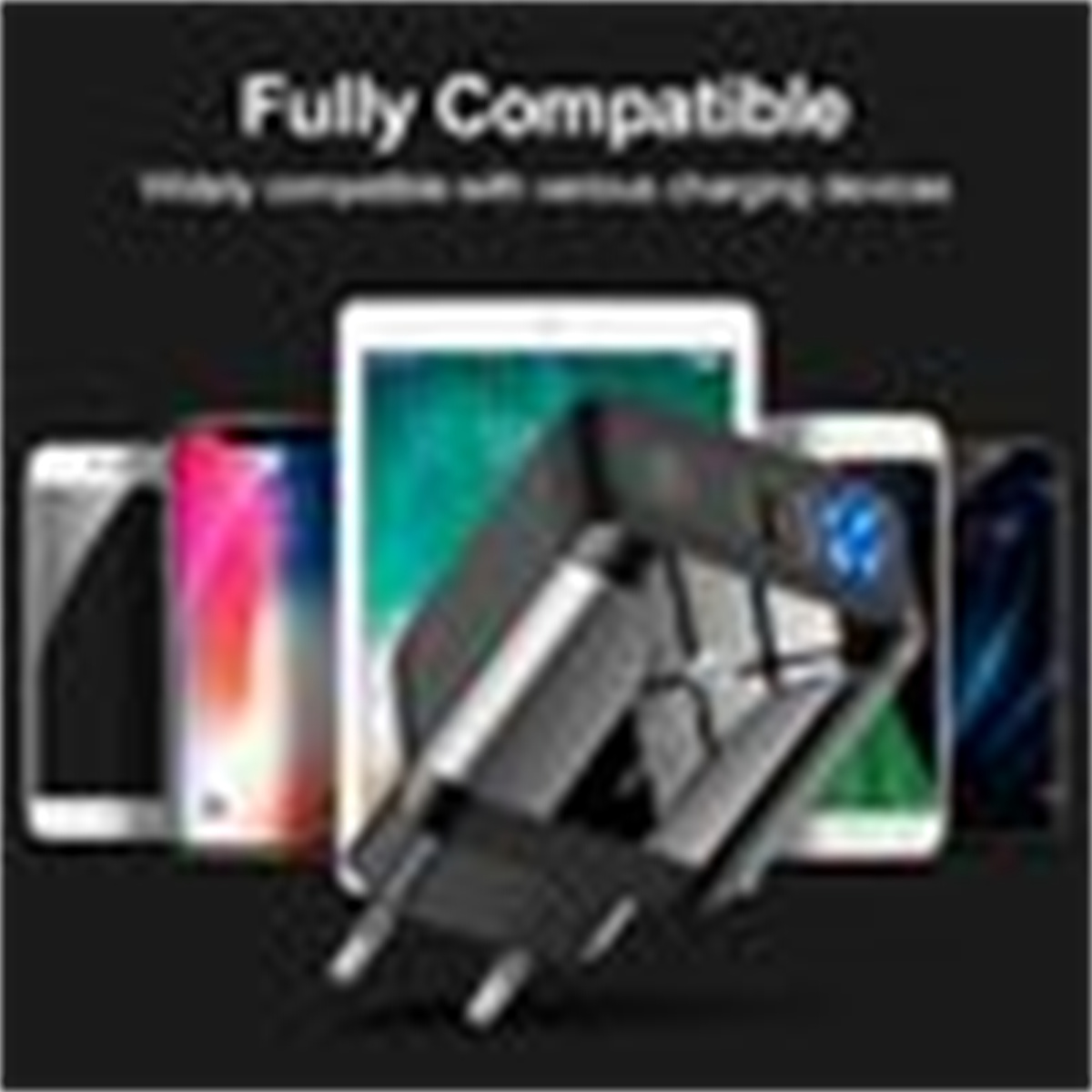 Bild zeigt schwarzes Ladegerät und mehrere Telefone und Tablets, mit Text 'Fully Compatible'.