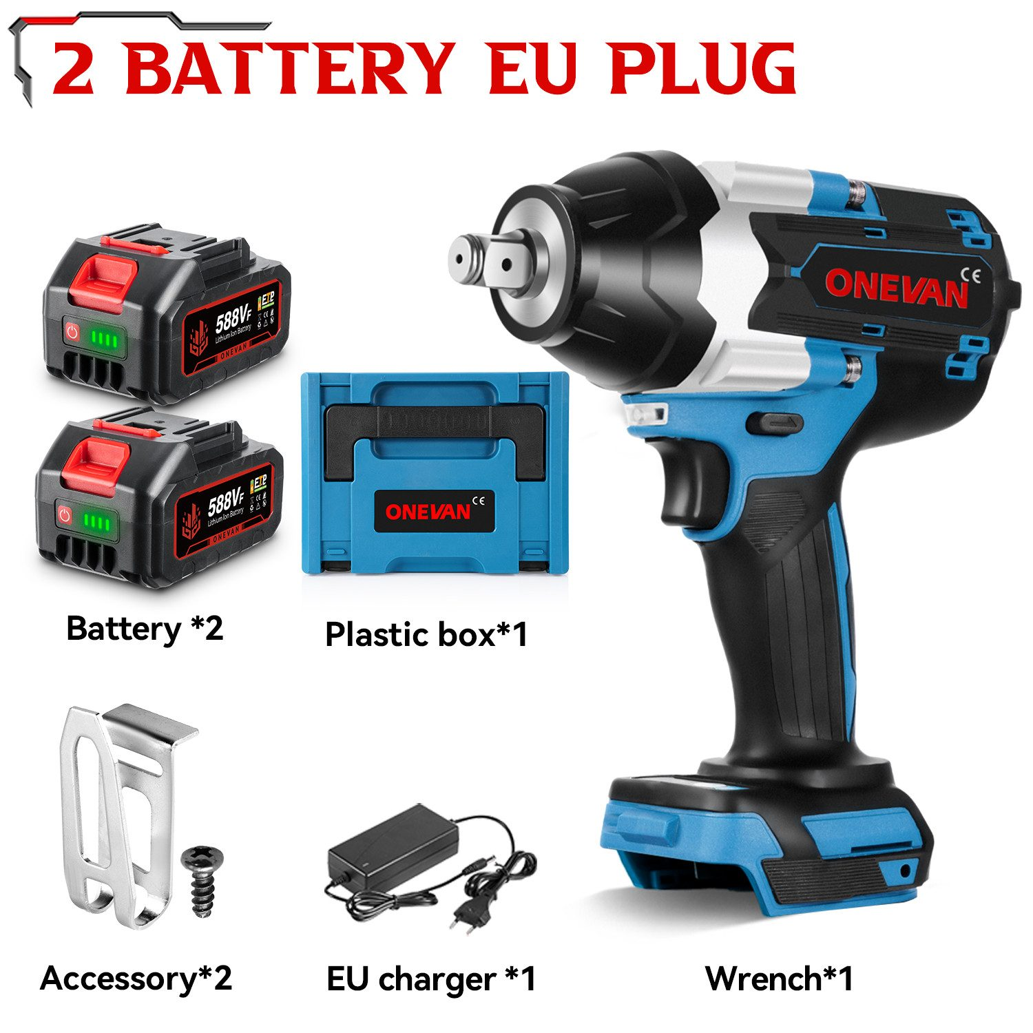 Schlagschrauber mit Batterien, Ladegerät und Zubehör in einer Box auf weißem Untergrund.
