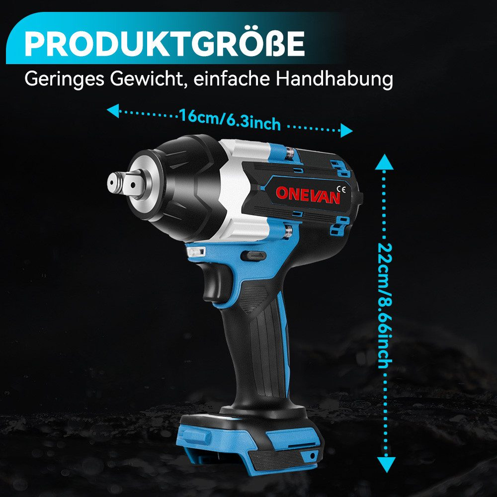 Schlagschrauber mit Messungen, in Schwarz und Blau, mit Abmessungen in Zoll und Zentimetern.